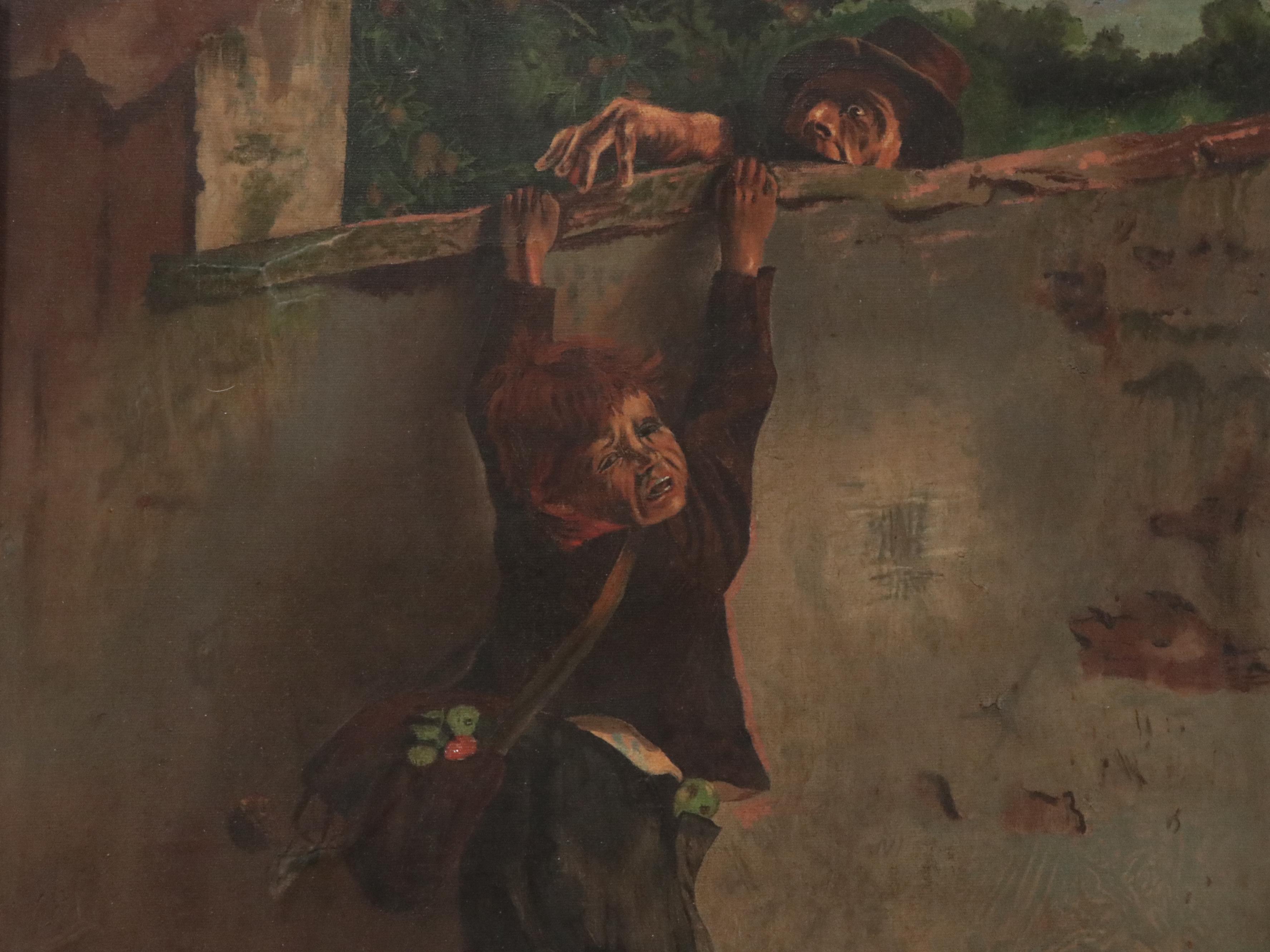 Ashcan School Oil Painting of Boy Escaping from Dog, Early 20th C