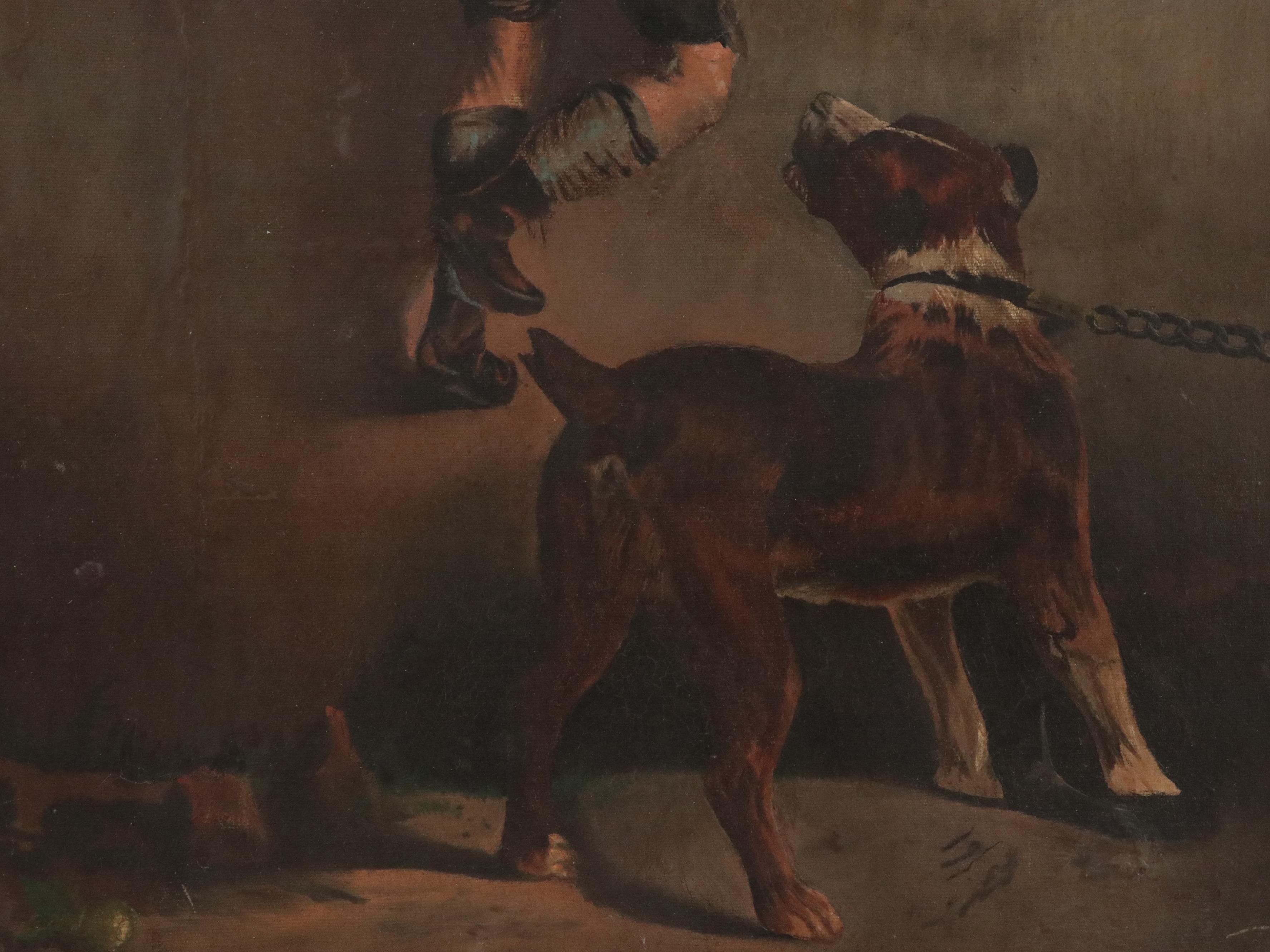 Ashcan School Oil Painting of Boy Escaping from Dog, Early 20th C