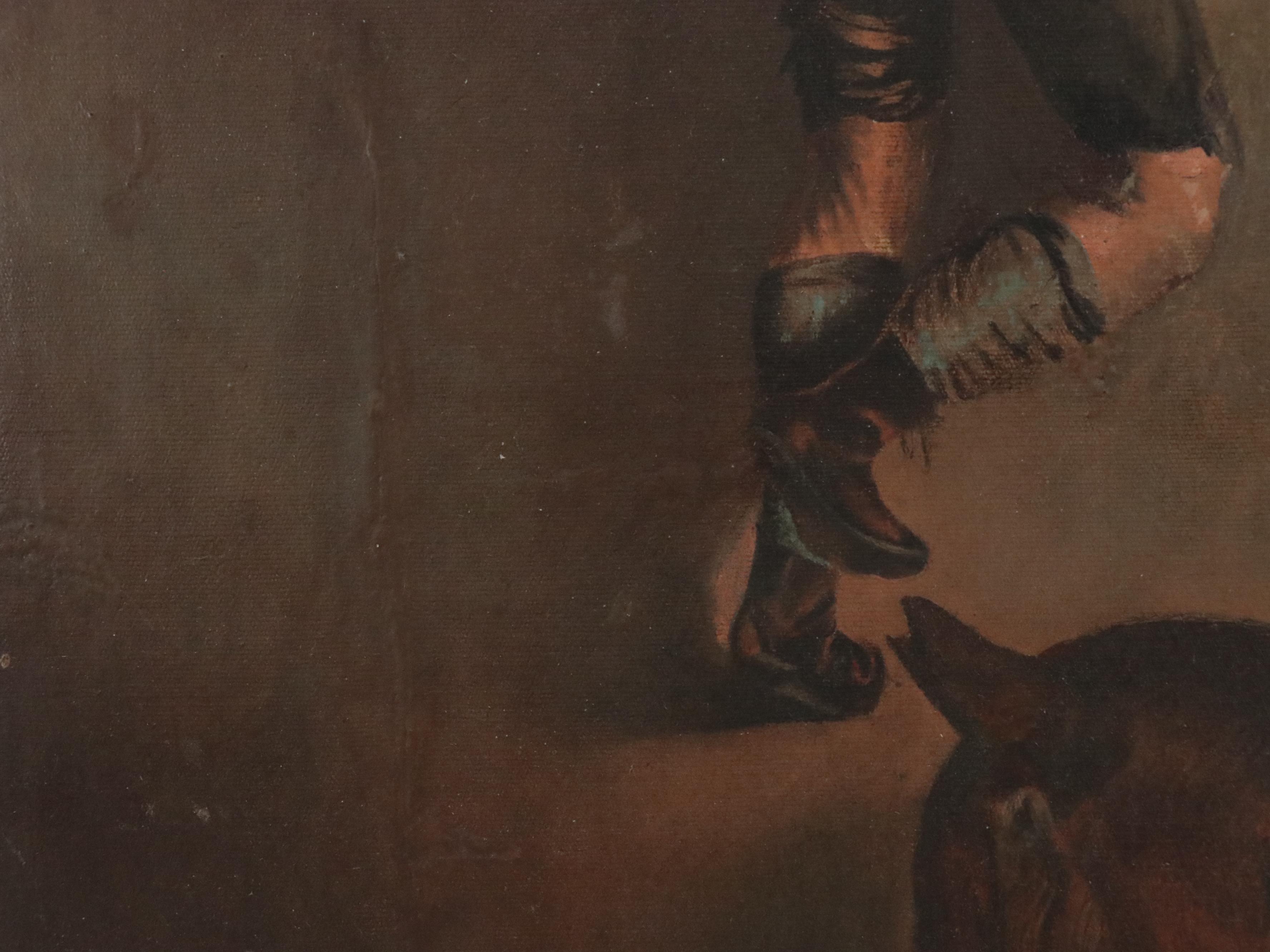 Ashcan School Oil Painting of Boy Escaping from Dog, Early 20th C