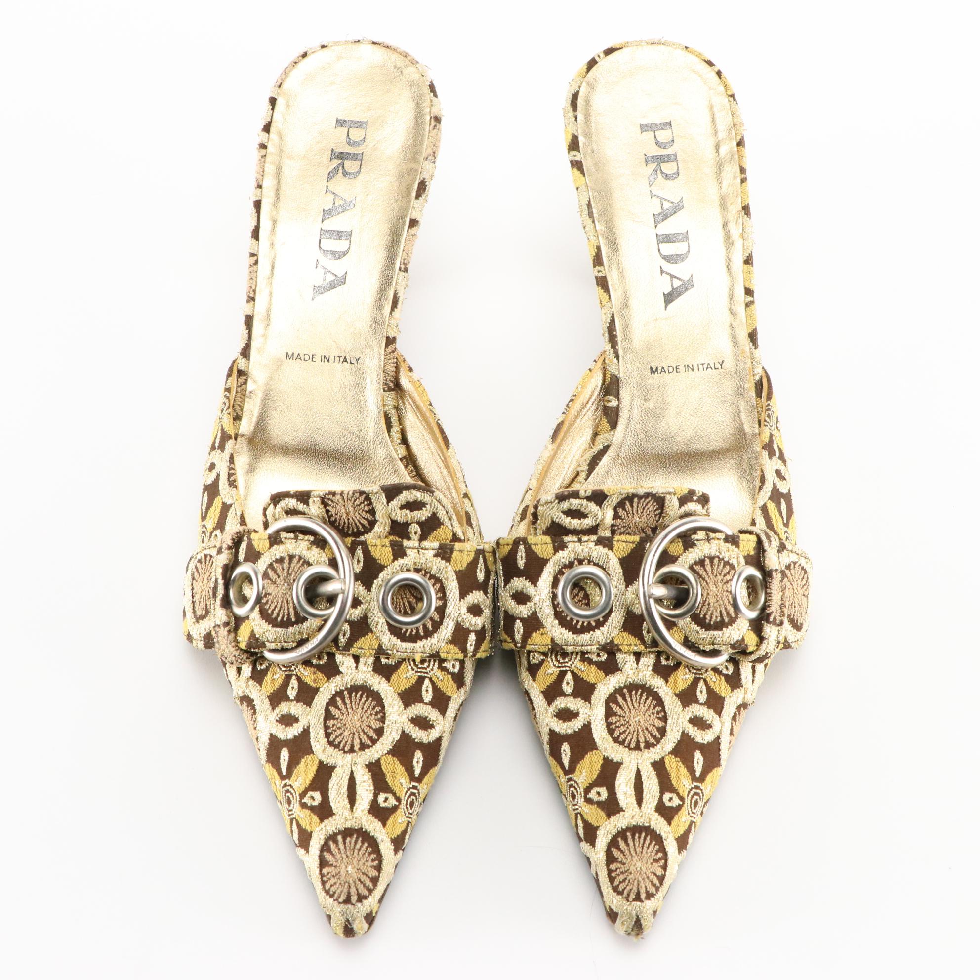 Prada Metallic Floral Brocade Pointed Toe Buckle Mules