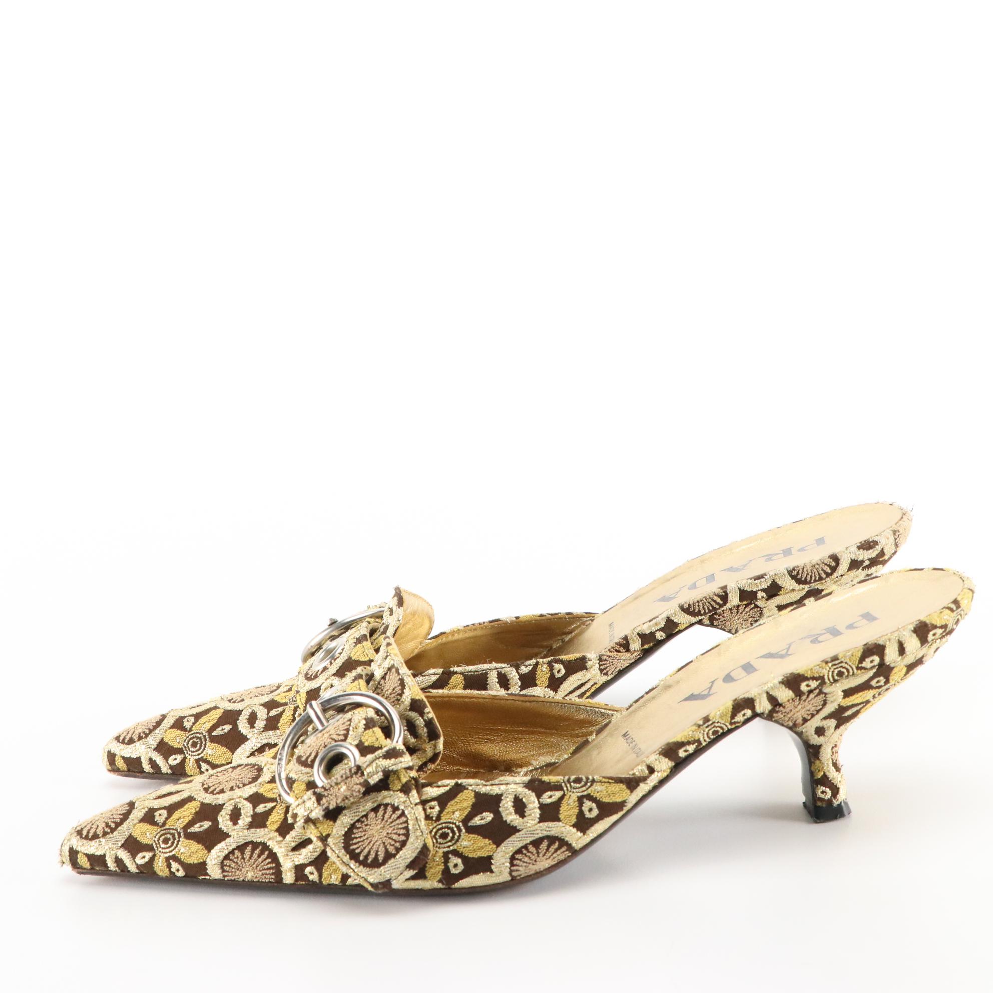 Prada Metallic Floral Brocade Pointed Toe Buckle Mules