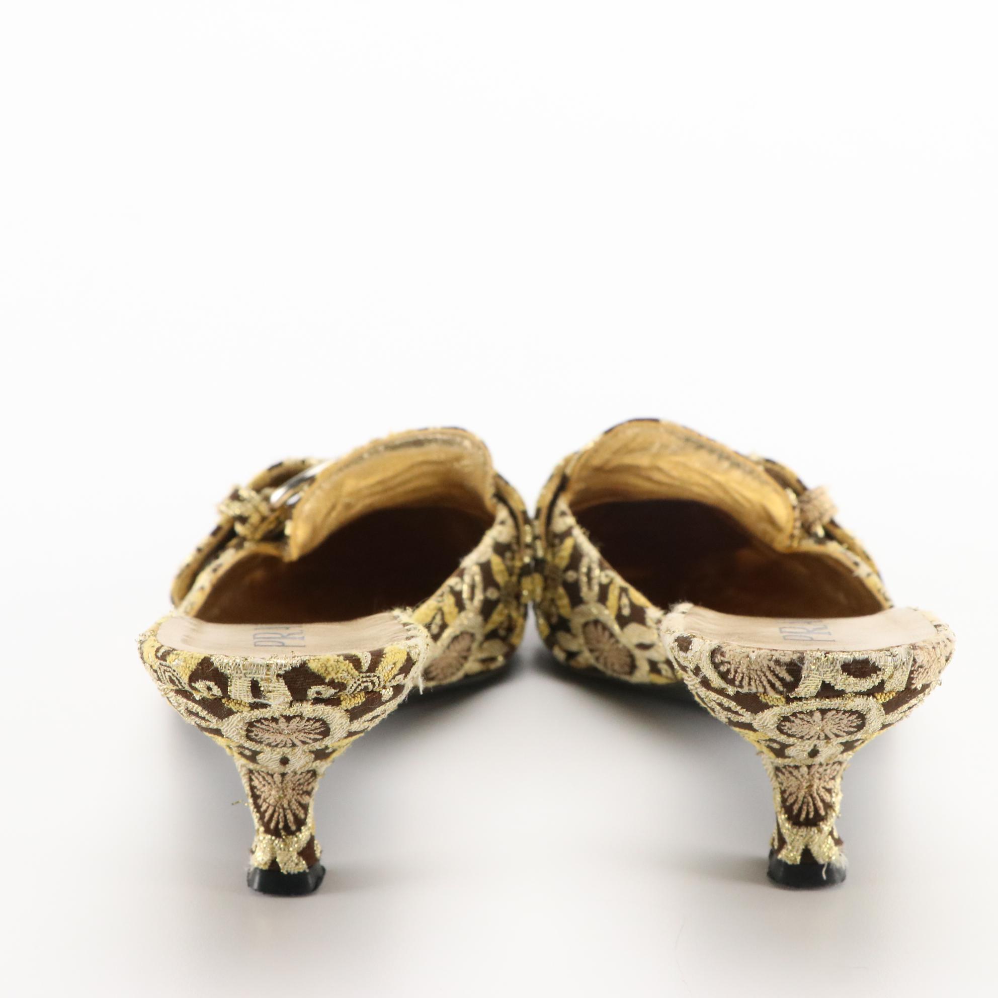 Prada Metallic Floral Brocade Pointed Toe Buckle Mules