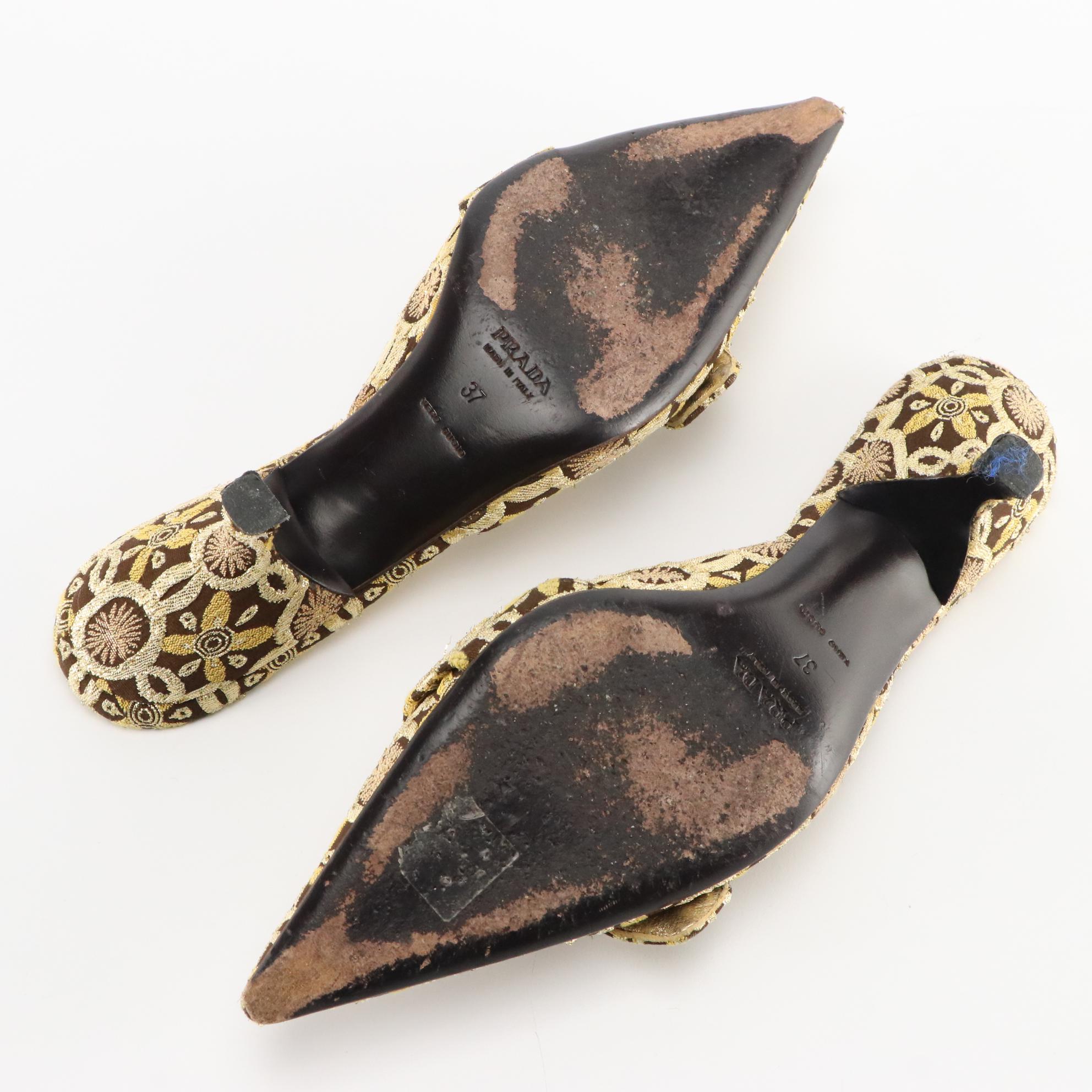 Prada Metallic Floral Brocade Pointed Toe Buckle Mules