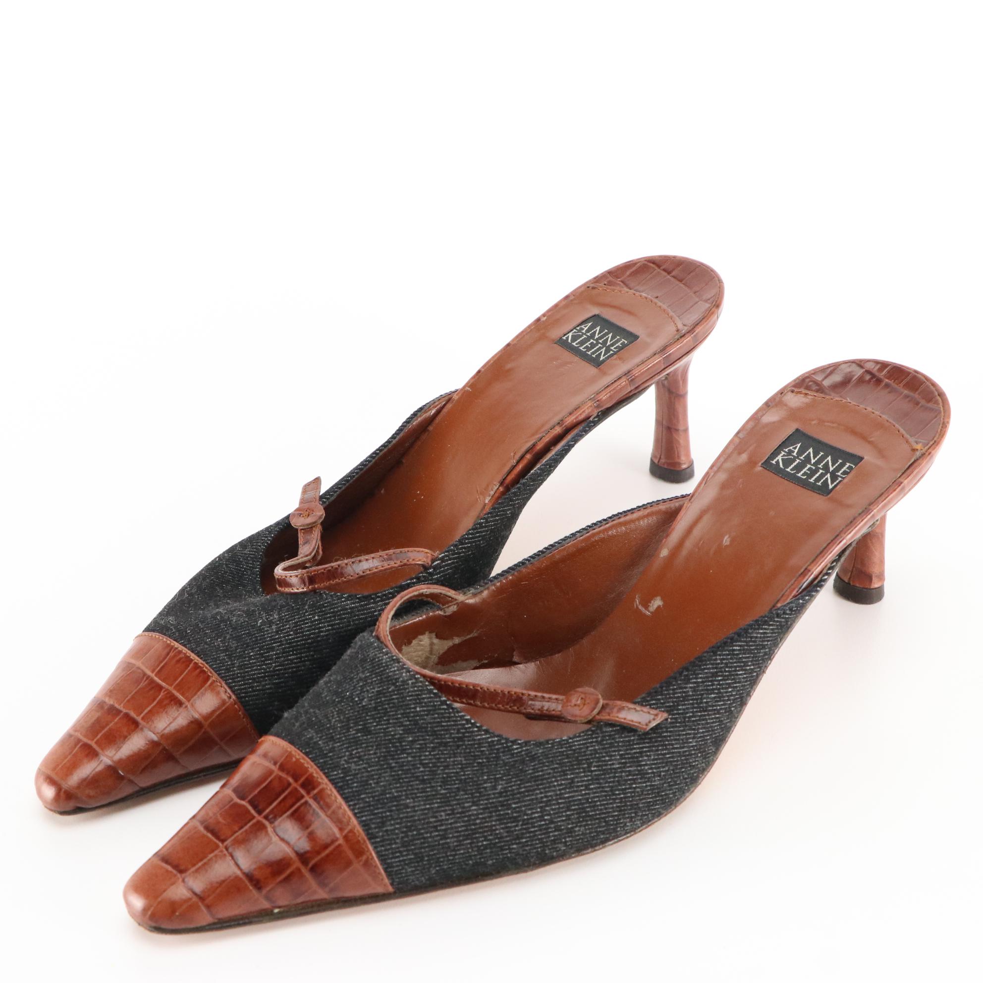 Anne Klein Brown Leather and Denim Pointed Toe Mules