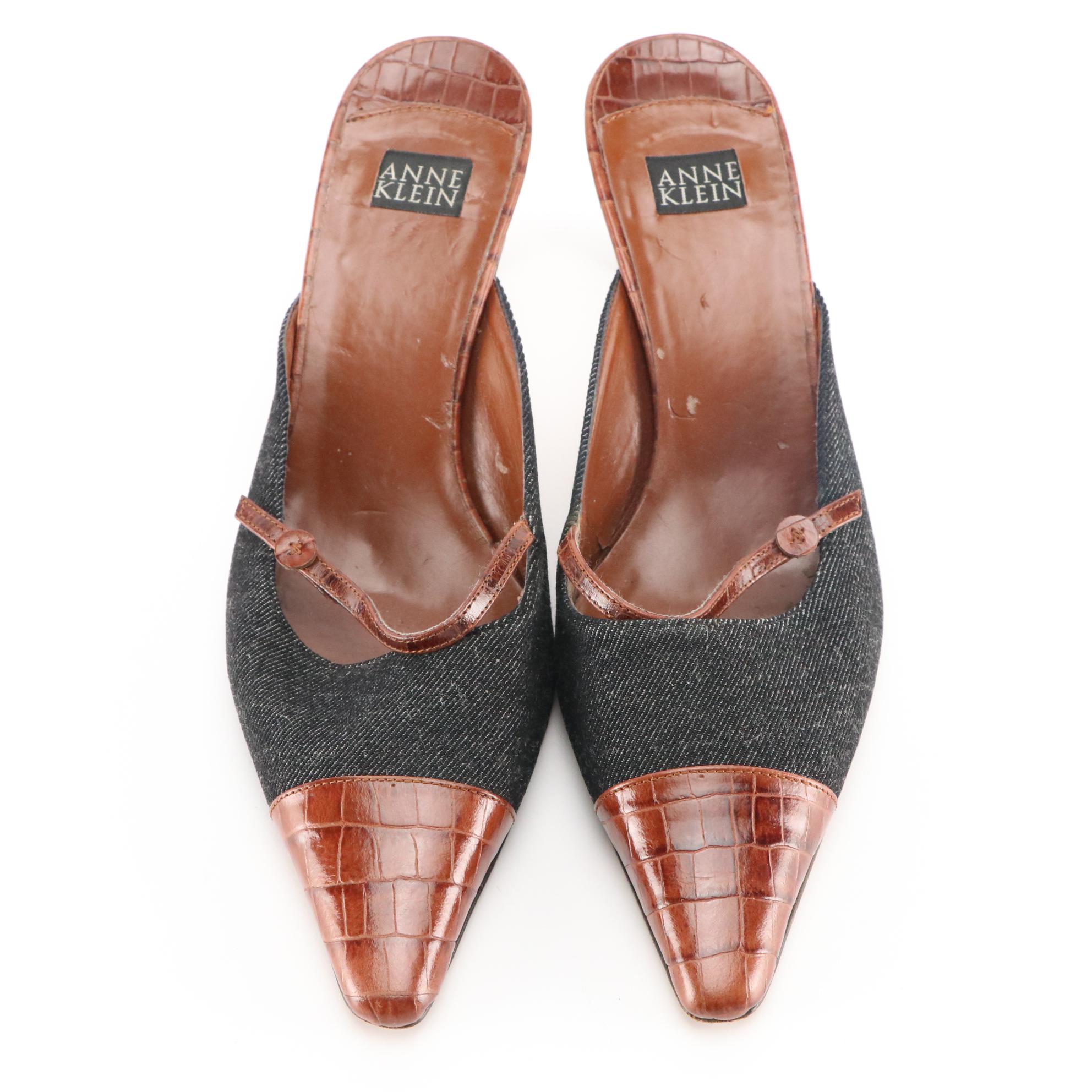Anne Klein Brown Leather and Denim Pointed Toe Mules