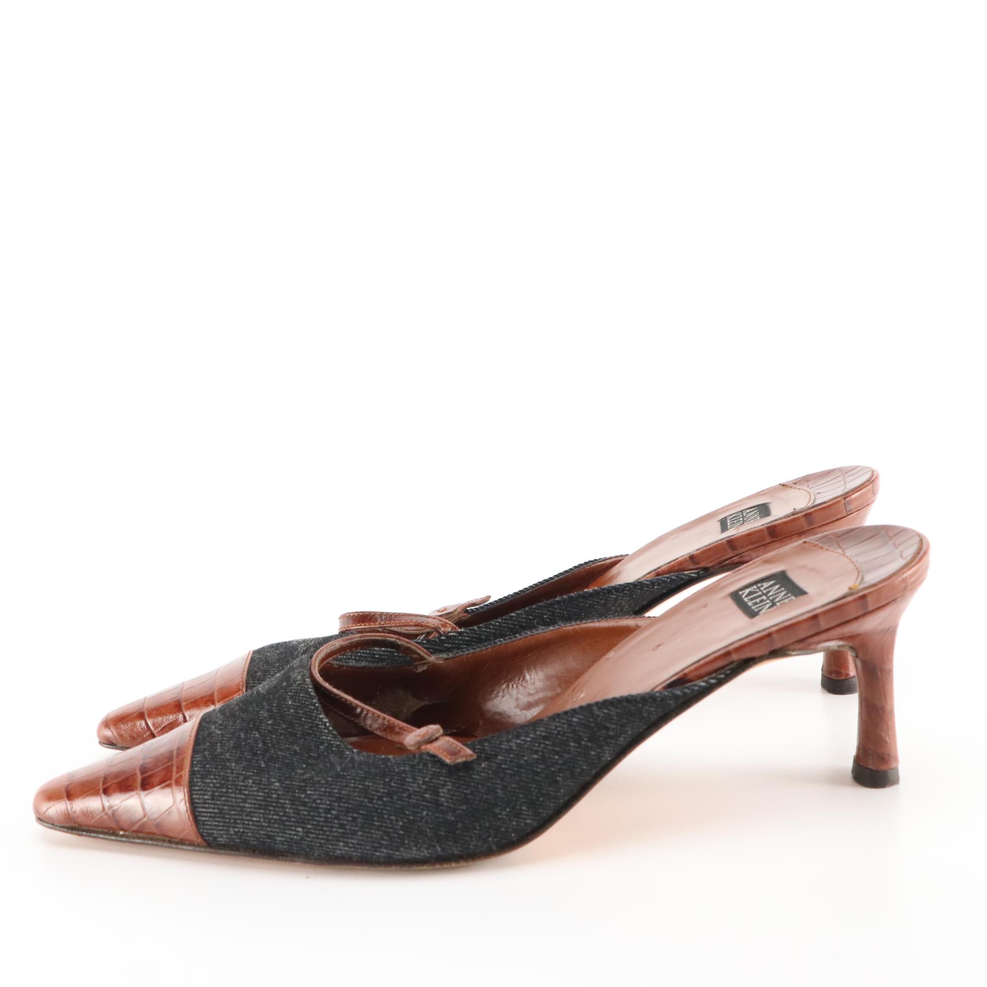 Anne Klein Brown Leather and Denim Pointed Toe Mules