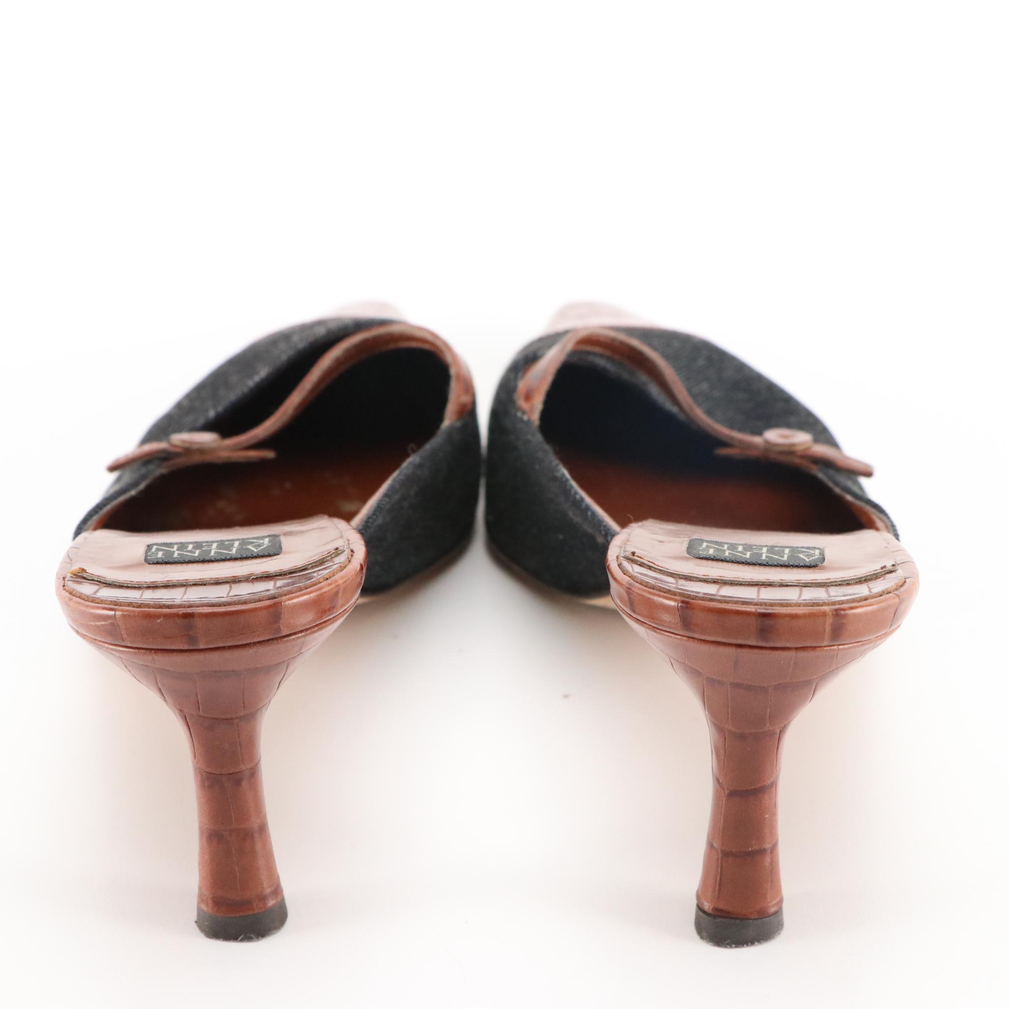 Anne Klein Brown Leather and Denim Pointed Toe Mules