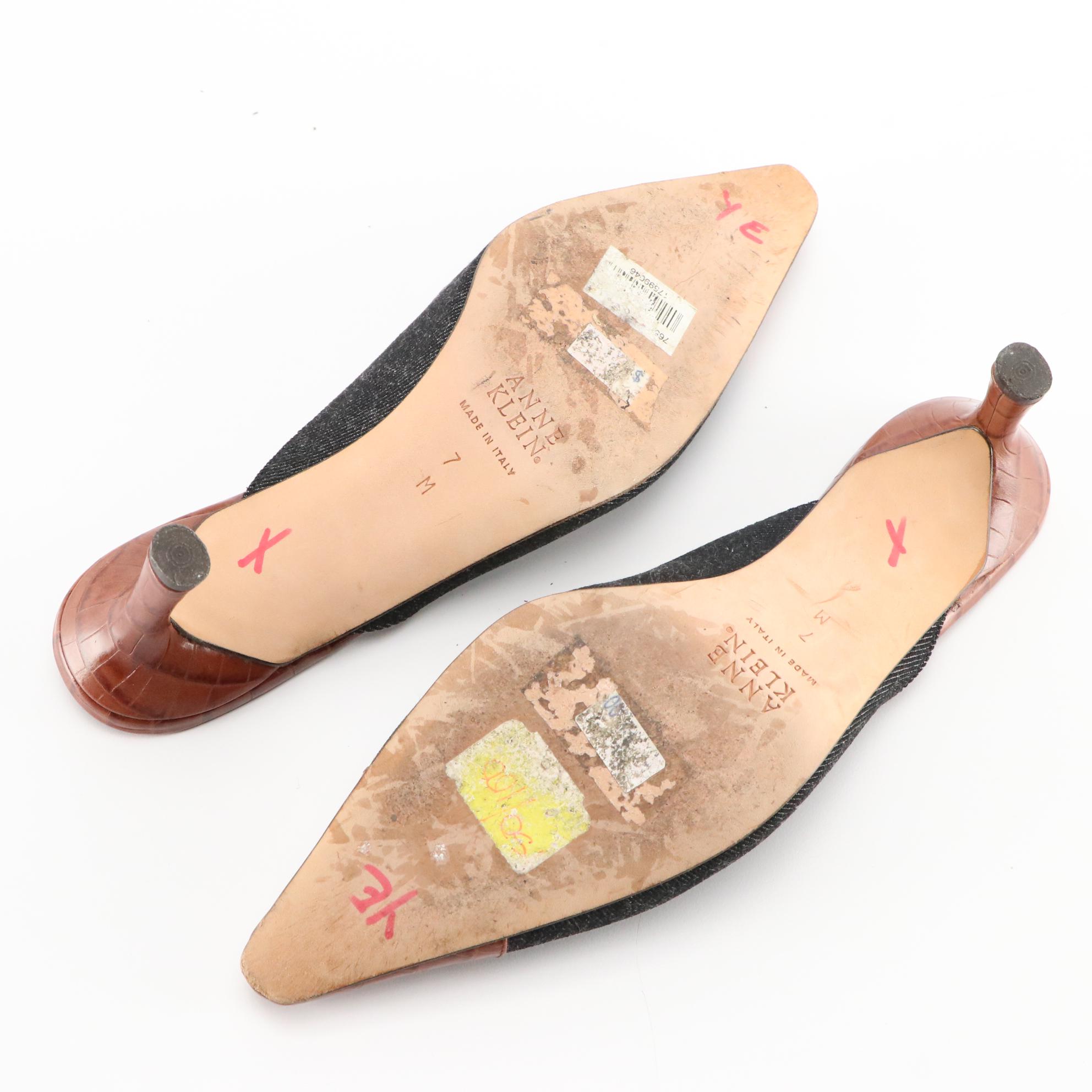Anne Klein Brown Leather and Denim Pointed Toe Mules