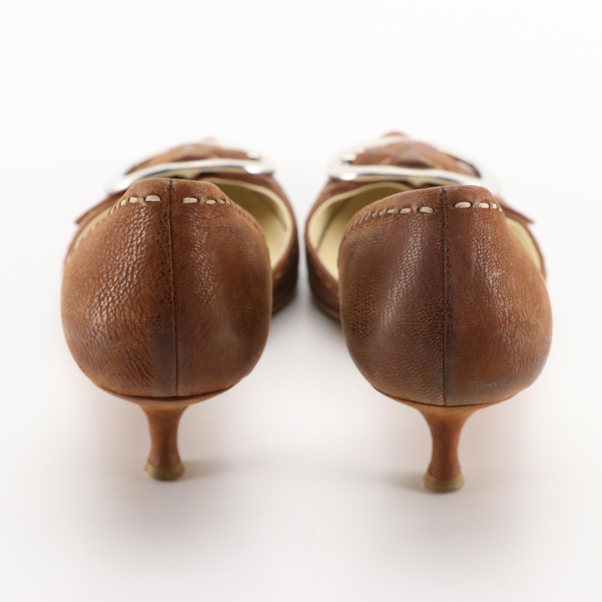 Prada Brown Leather Pointed Toe Buckle Heels