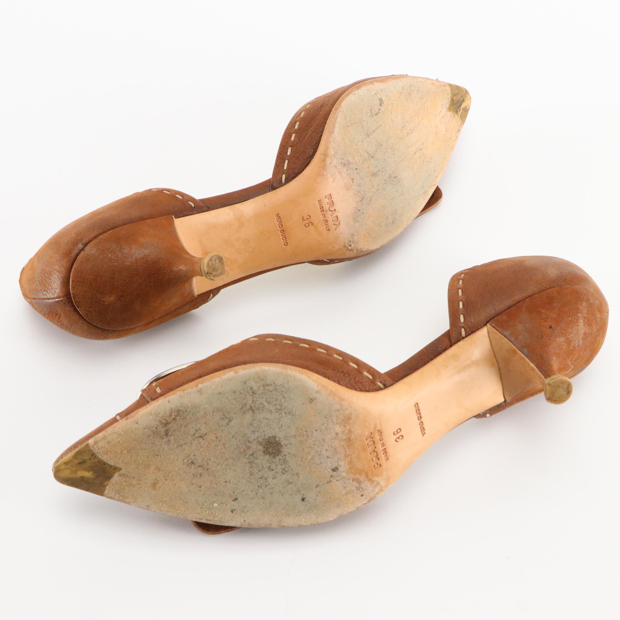 Prada Brown Leather Pointed Toe Buckle Heels