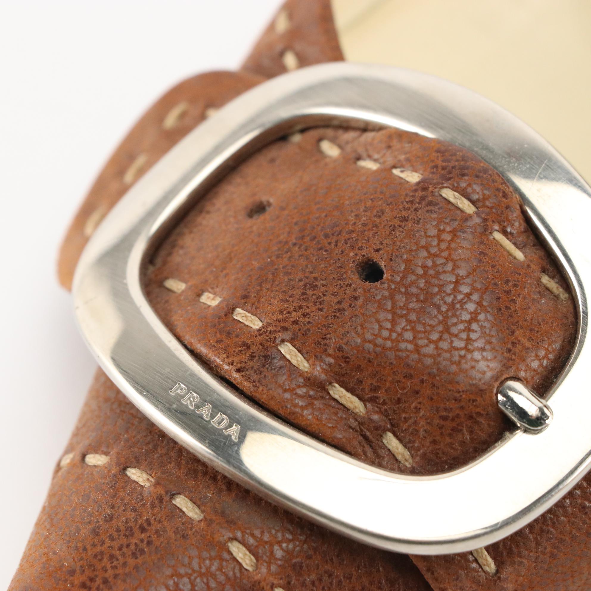 Prada Brown Leather Pointed Toe Buckle Heels