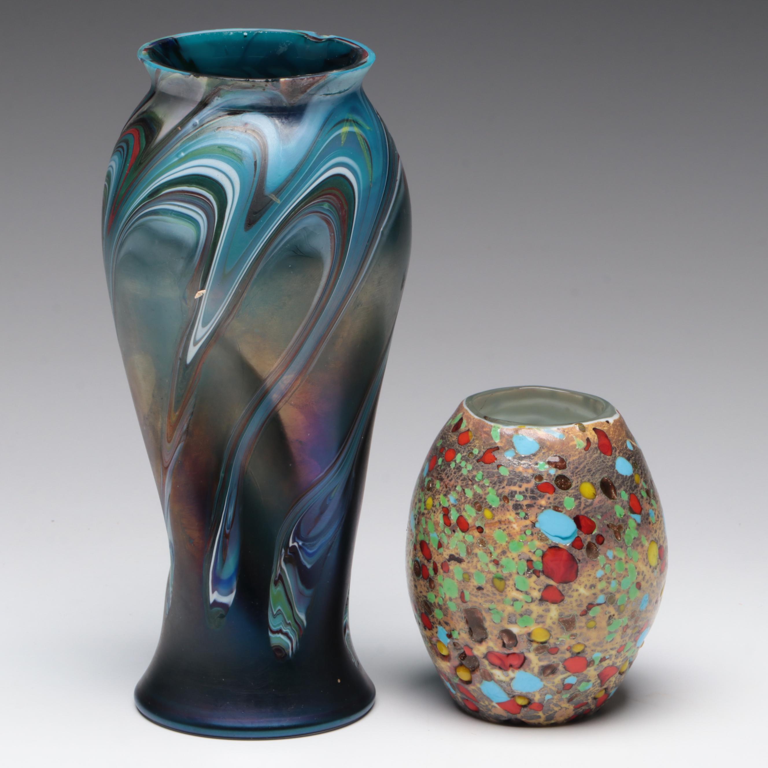 Vintage Pulled Feather and Mottled Art Glass Vases