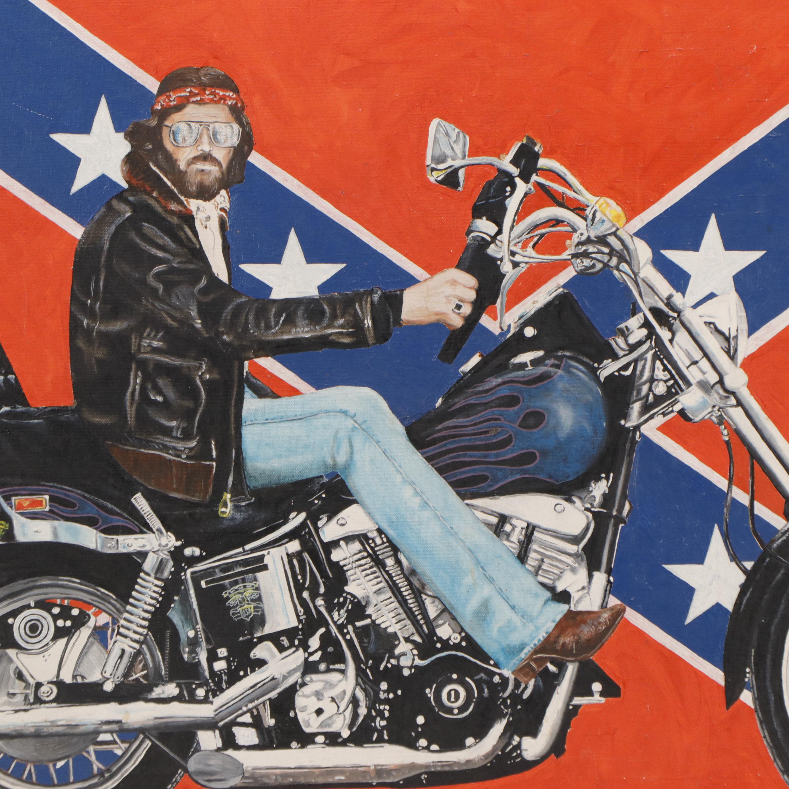 Millard Pop Art Oil Painting of Man on Motorcycle, Late 20th Century