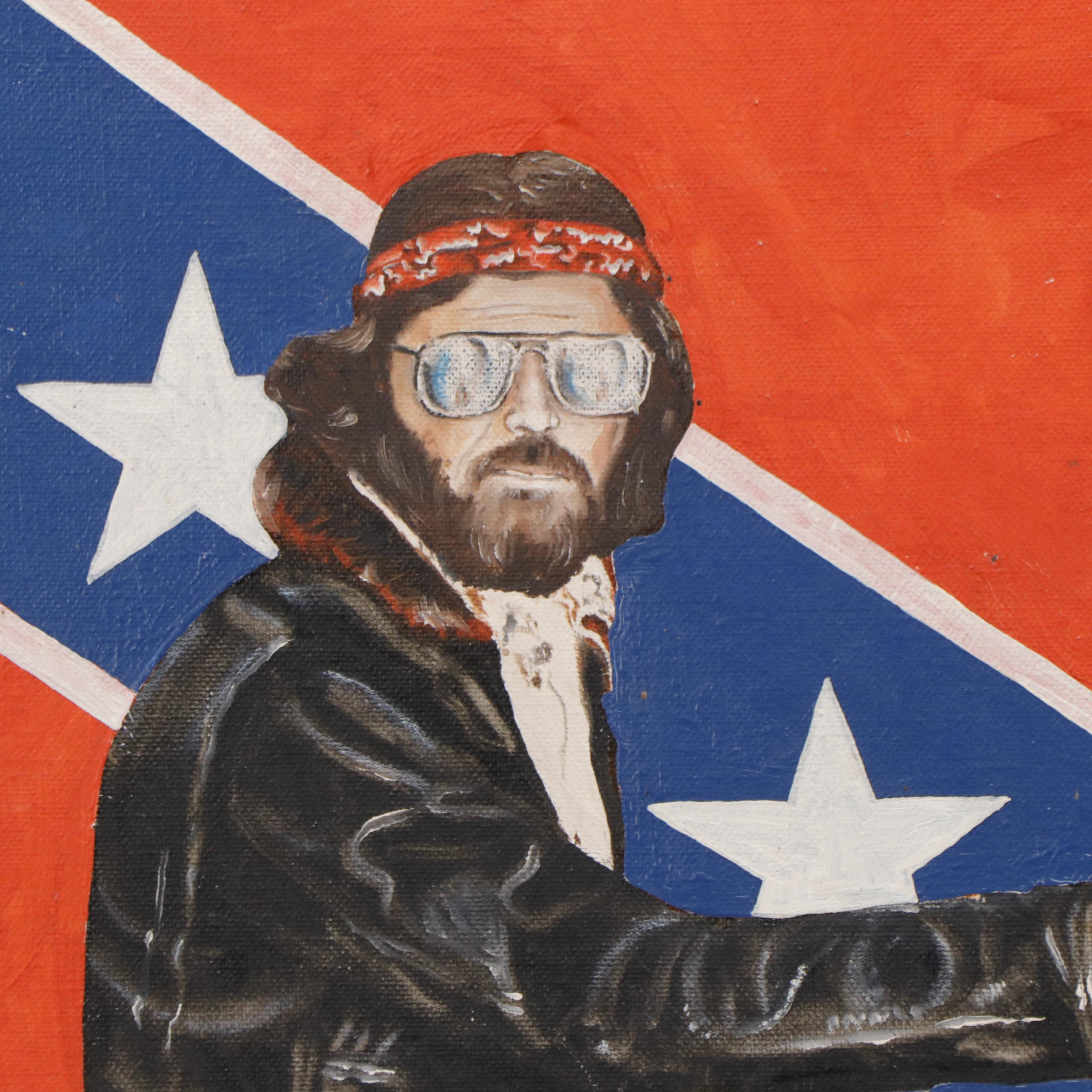 Millard Pop Art Oil Painting of Man on Motorcycle, Late 20th Century