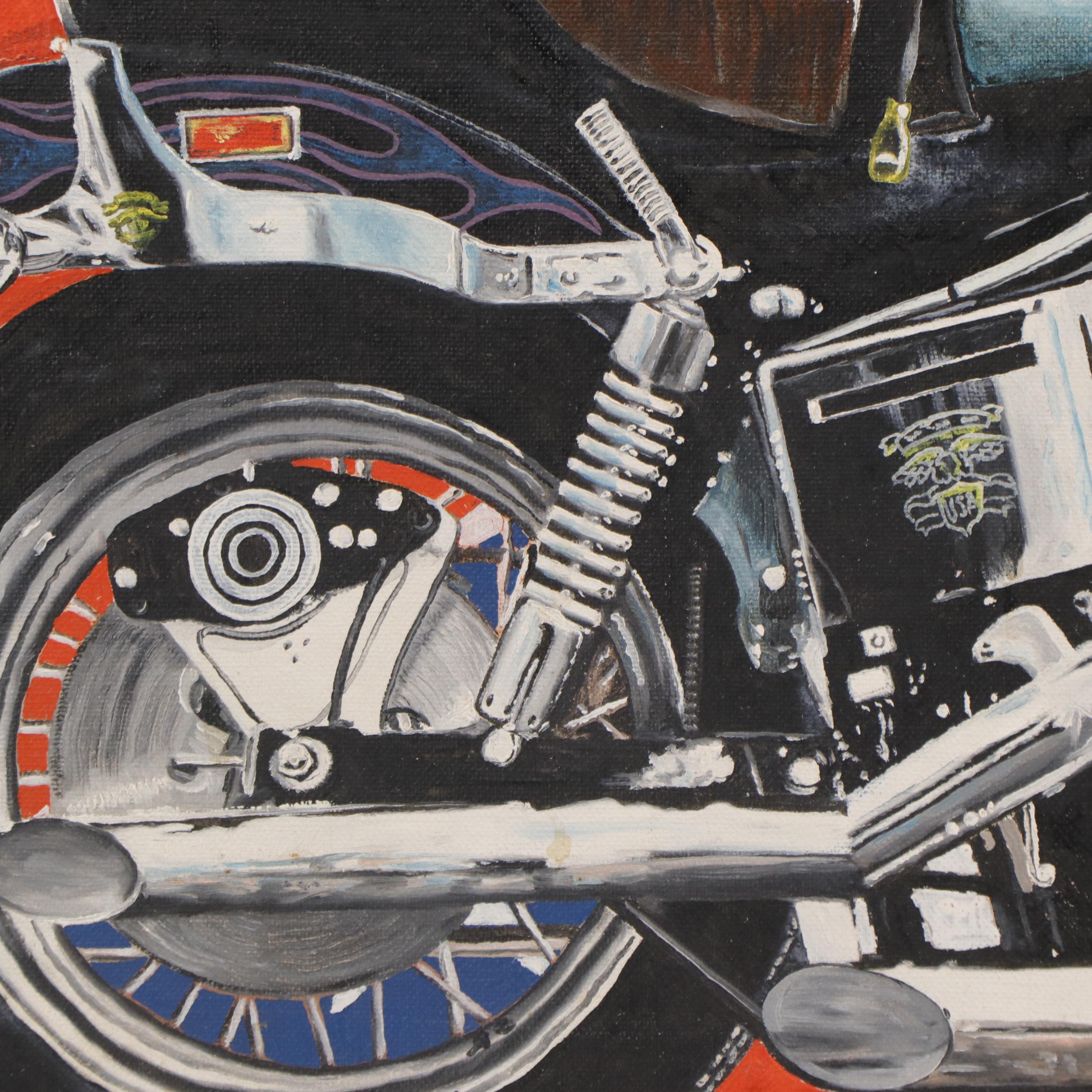 Millard Pop Art Oil Painting of Man on Motorcycle, Late 20th Century