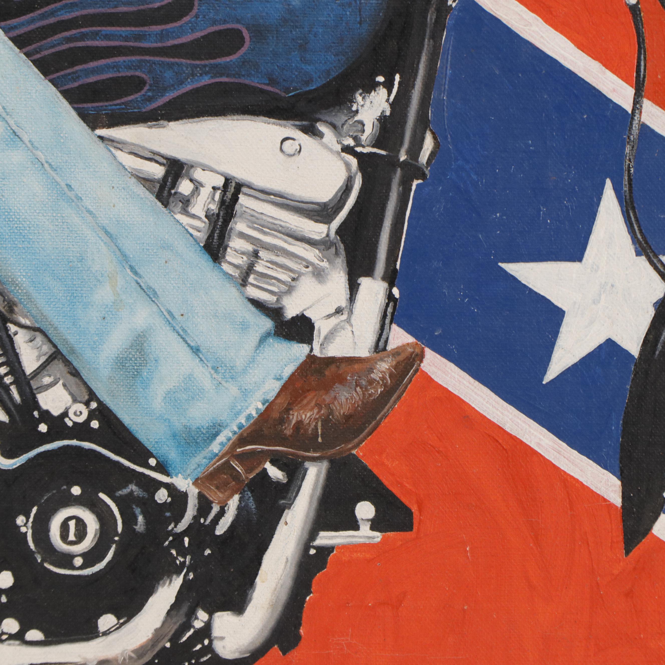 Millard Pop Art Oil Painting of Man on Motorcycle, Late 20th Century