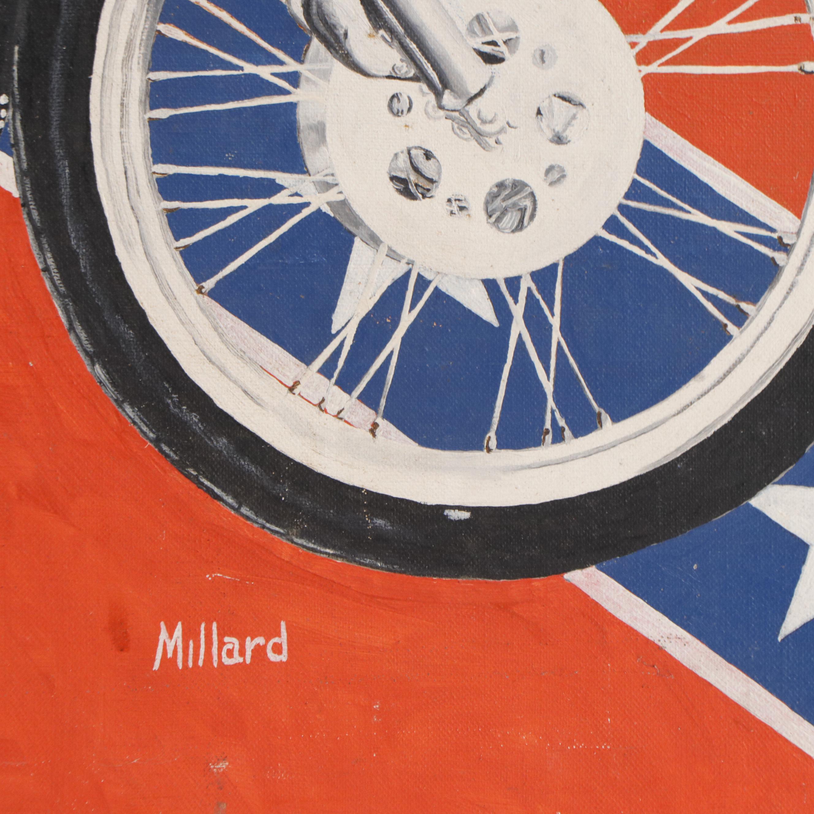 Millard Pop Art Oil Painting of Man on Motorcycle, Late 20th Century