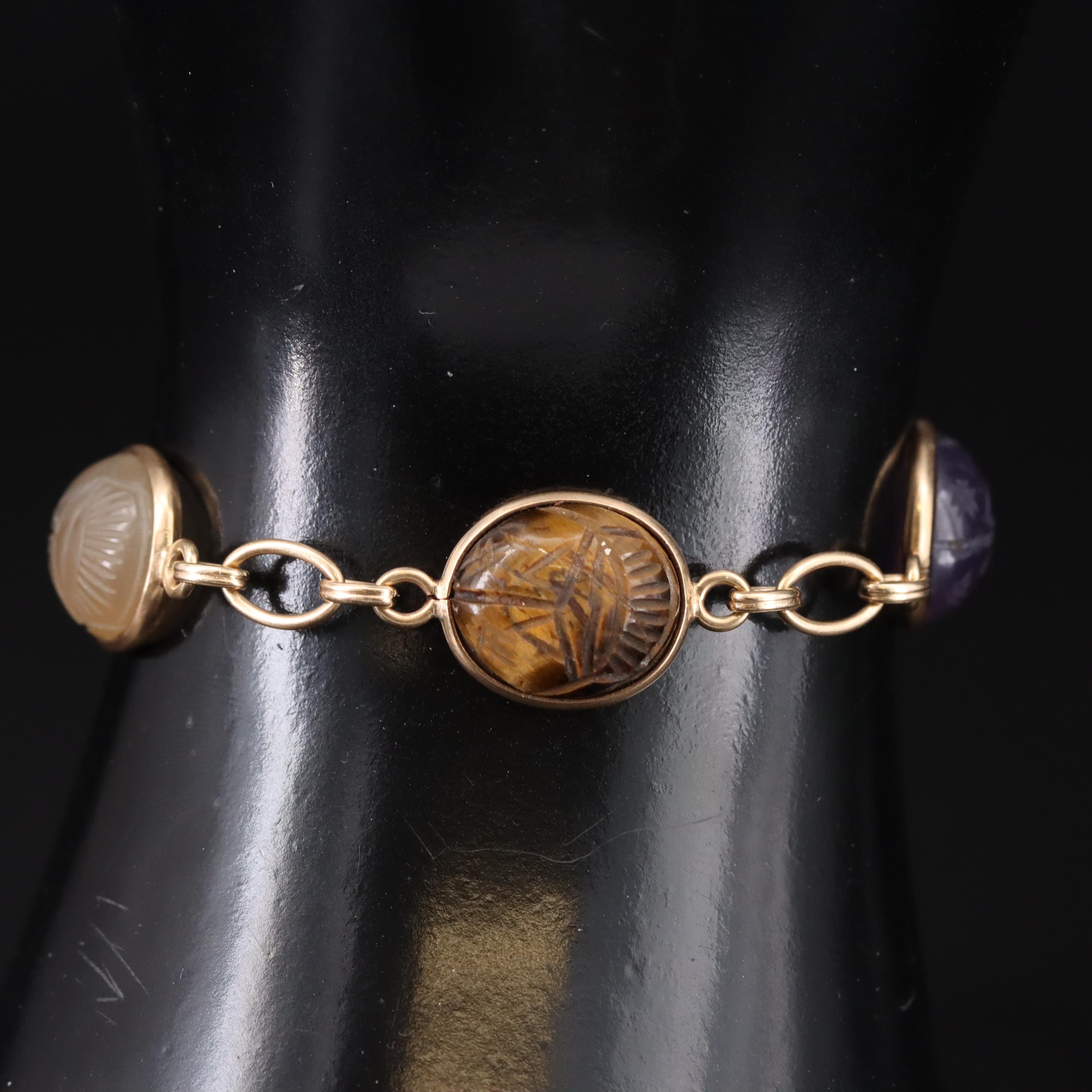 14K Tiger's Eye, Rose Quartz and Gemstone Scarab Bracelet