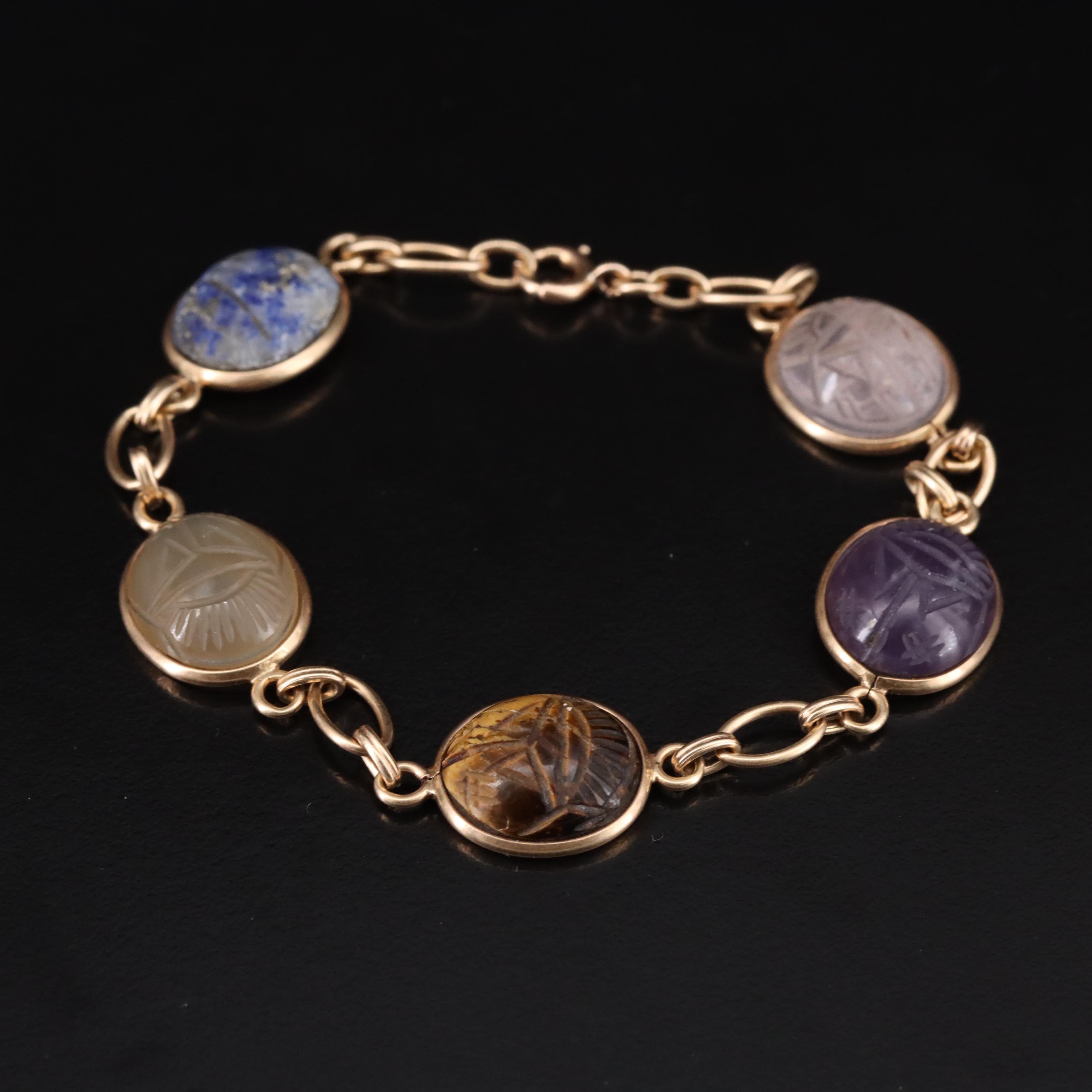 14K Tiger's Eye, Rose Quartz and Gemstone Scarab Bracelet