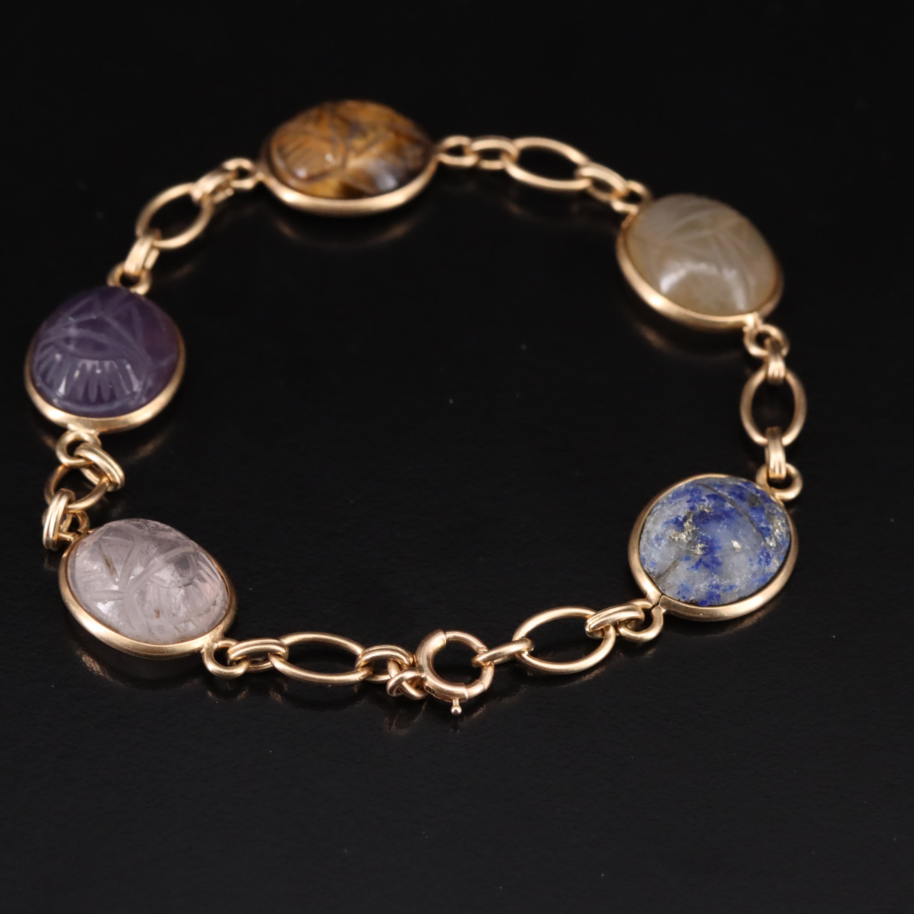 14K Tiger's Eye, Rose Quartz and Gemstone Scarab Bracelet