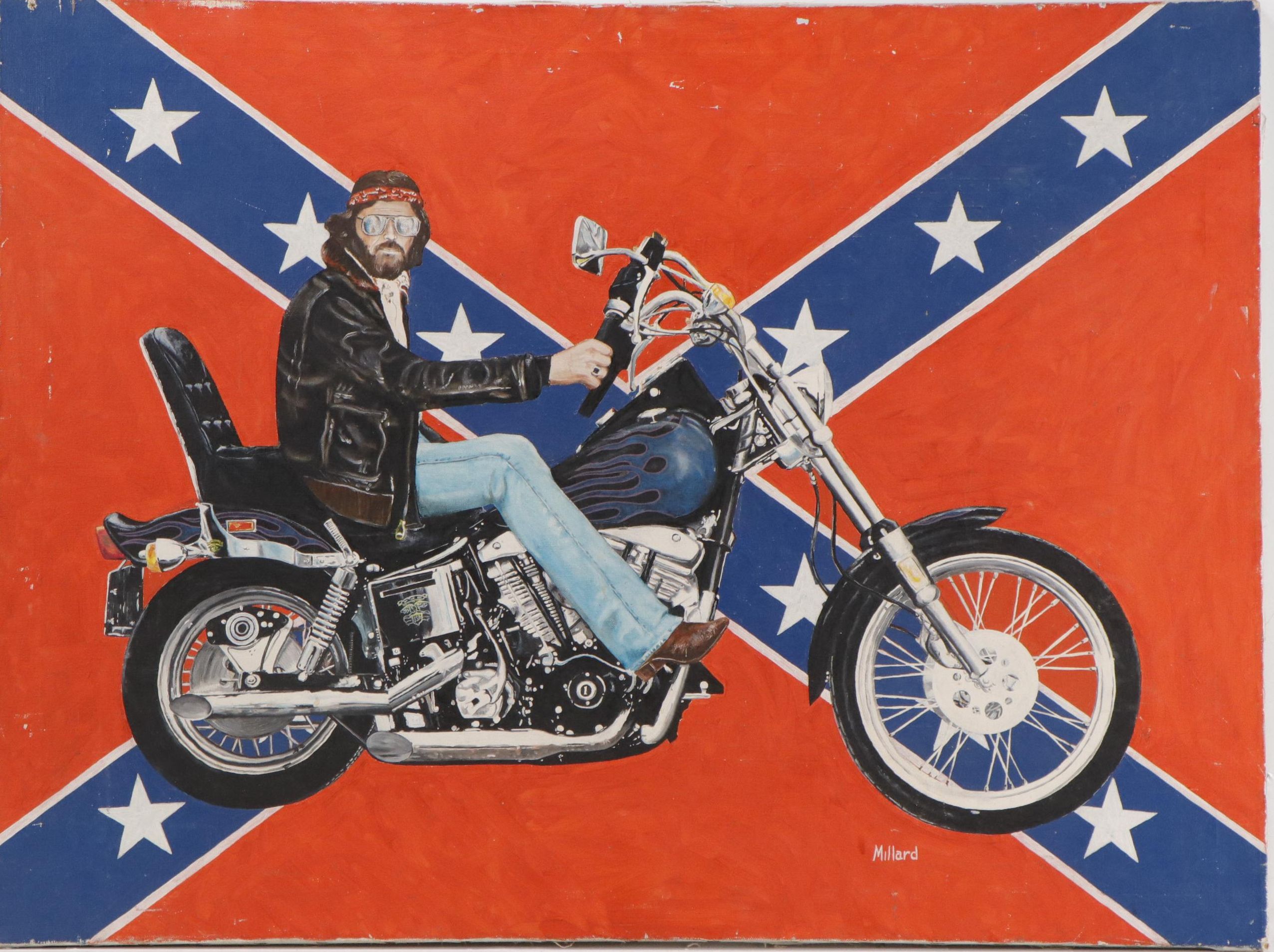 Millard Pop Art Oil Painting of Man on Motorcycle, Late 20th Century
