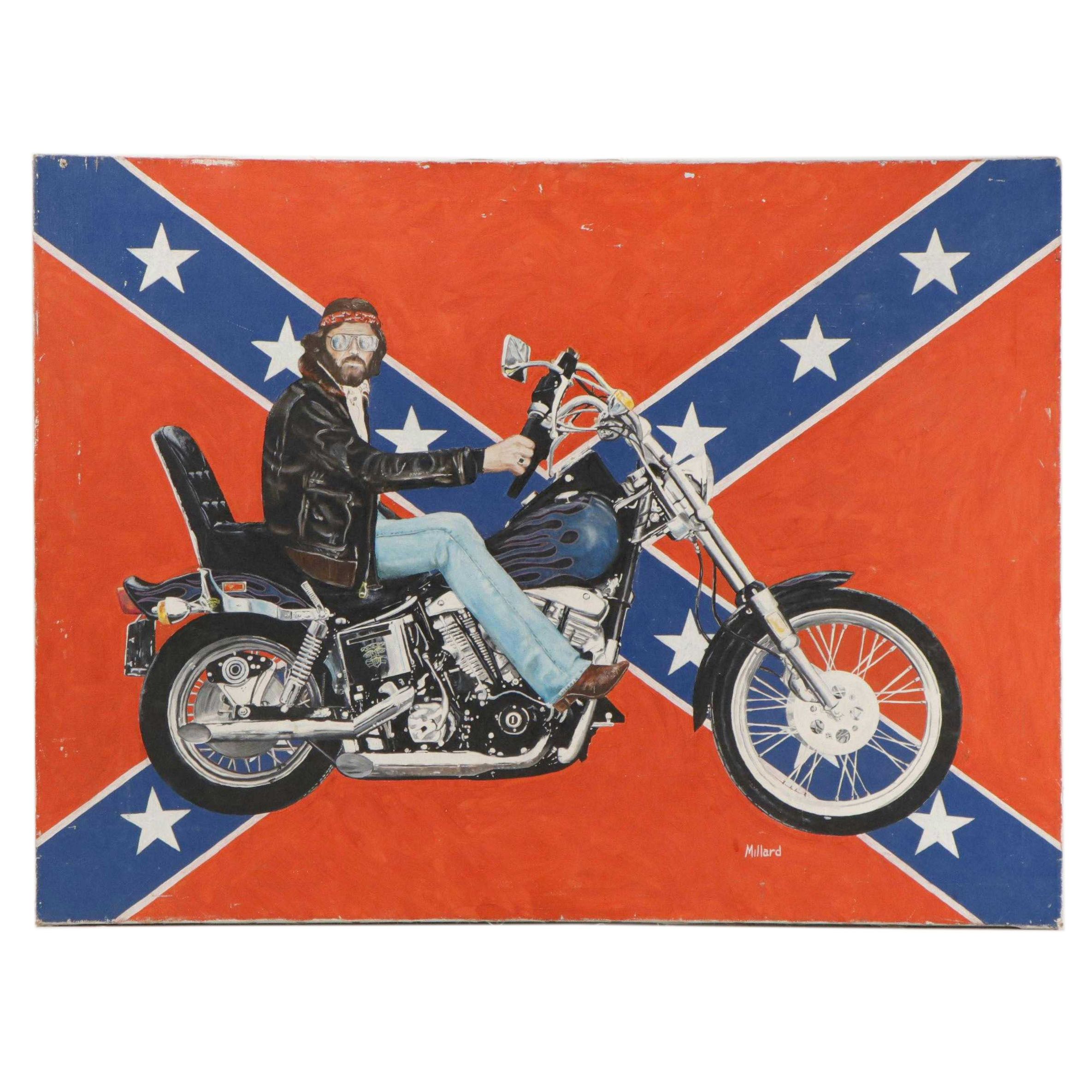 Millard Pop Art Oil Painting of Man on Motorcycle, Late 20th Century