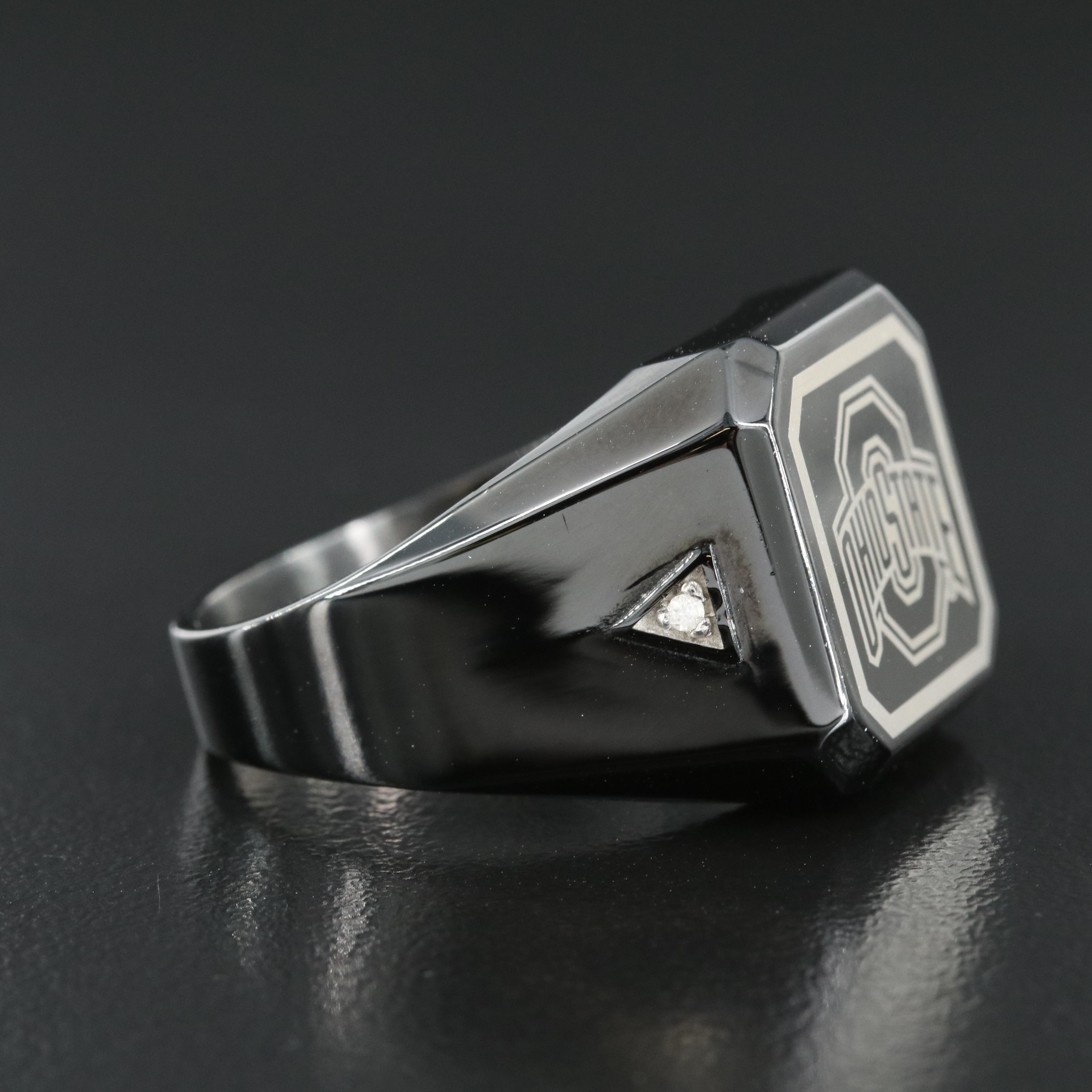 Stainless Steel Ohio State Signet Ring with Diamonds