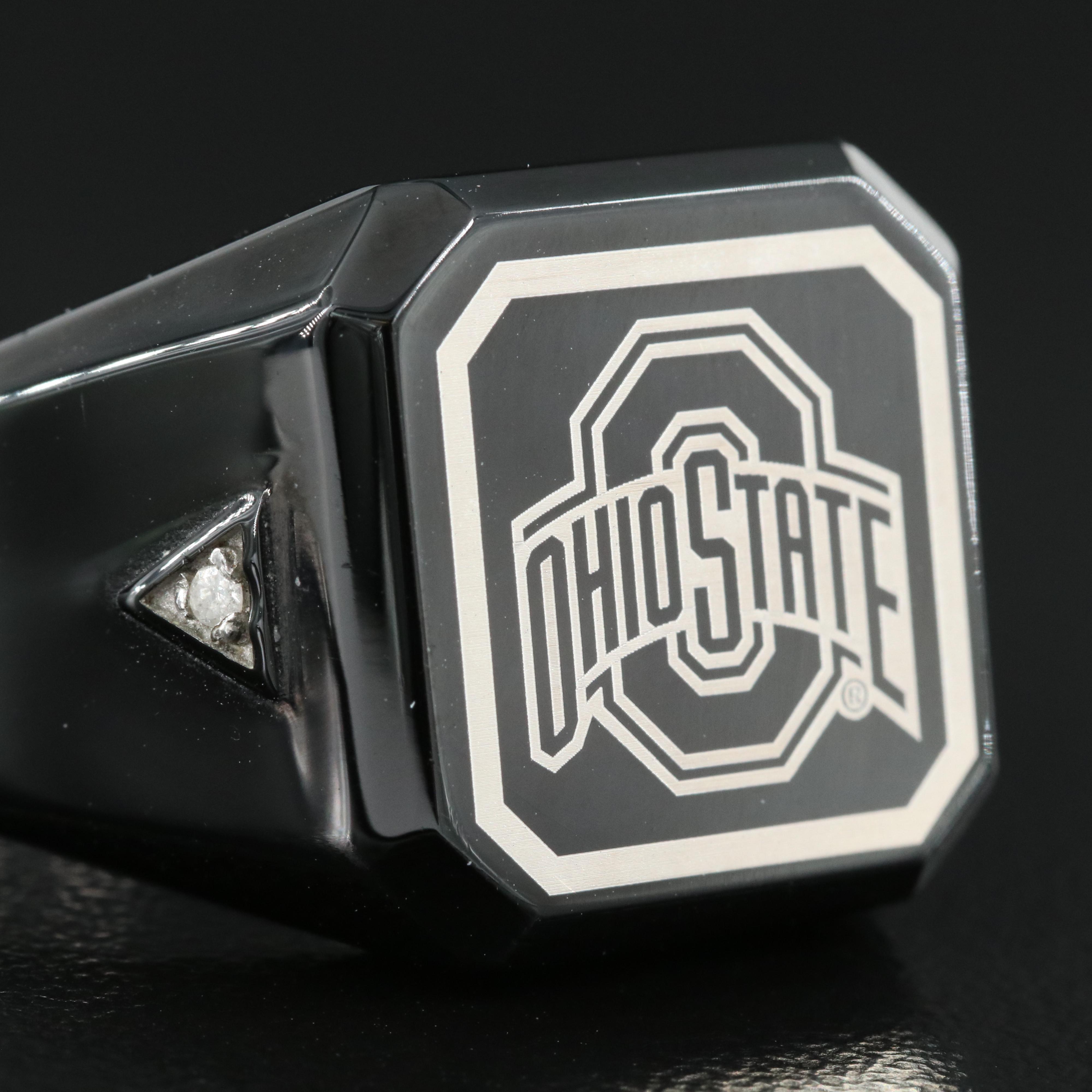 Stainless Steel Ohio State Signet Ring with Diamonds