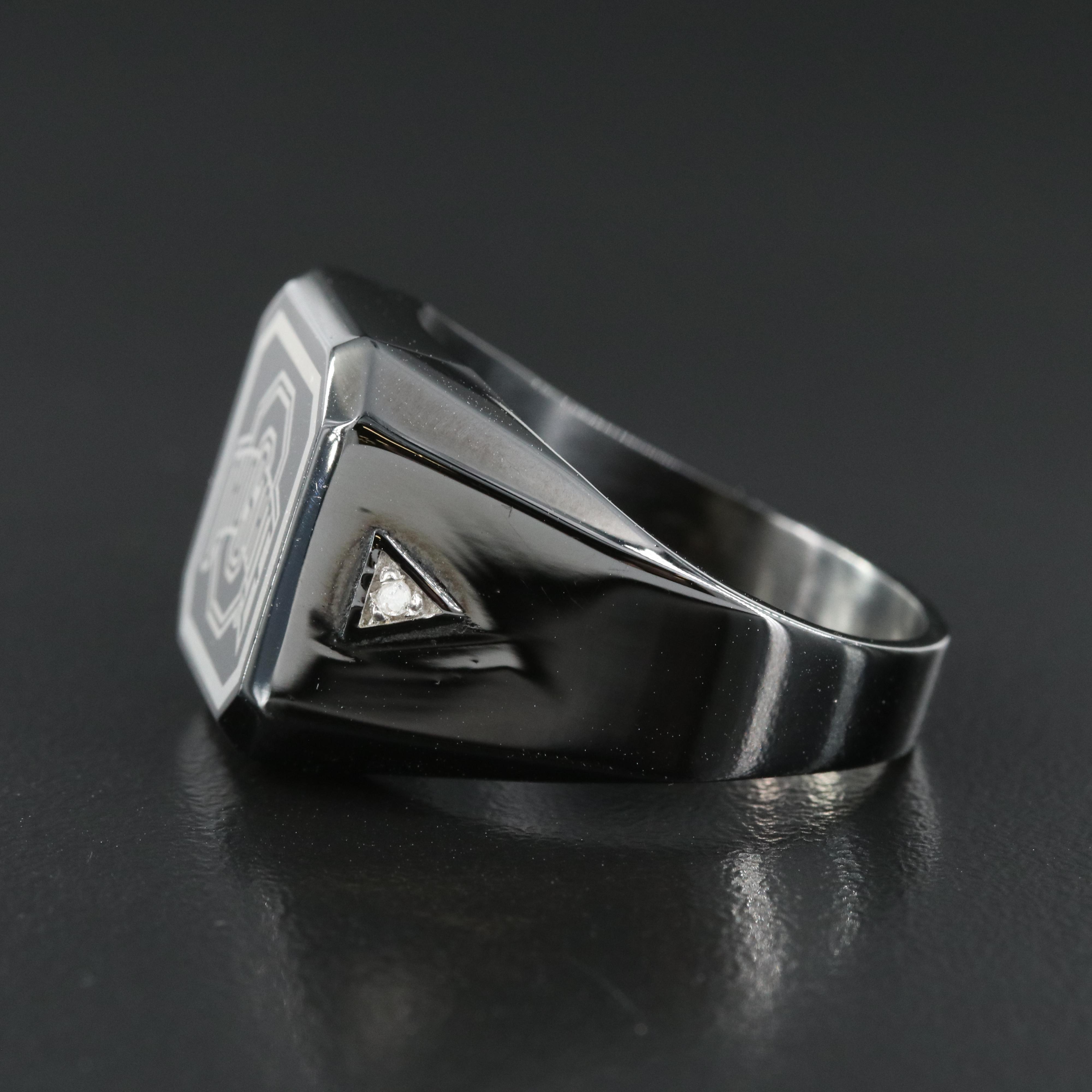 Stainless Steel Ohio State Signet Ring with Diamonds