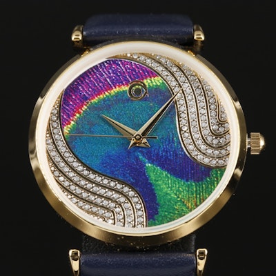 Magnicor Feather Motif Wristwatch with Swarovski Crystal Accents and Blue Strap