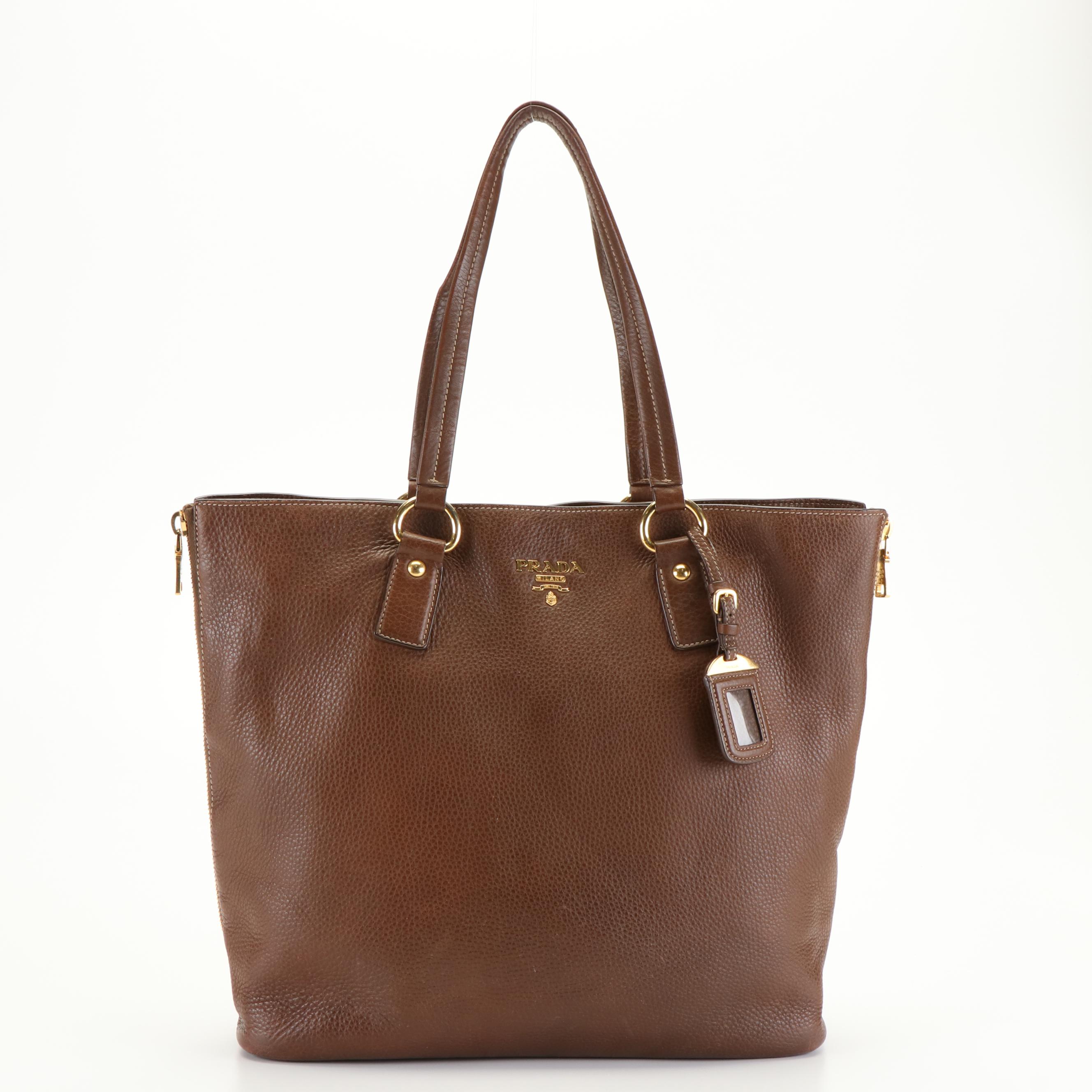 Prada Zip-Side Large Shoulder Tote Bag in Brown Vitello Daino Leather