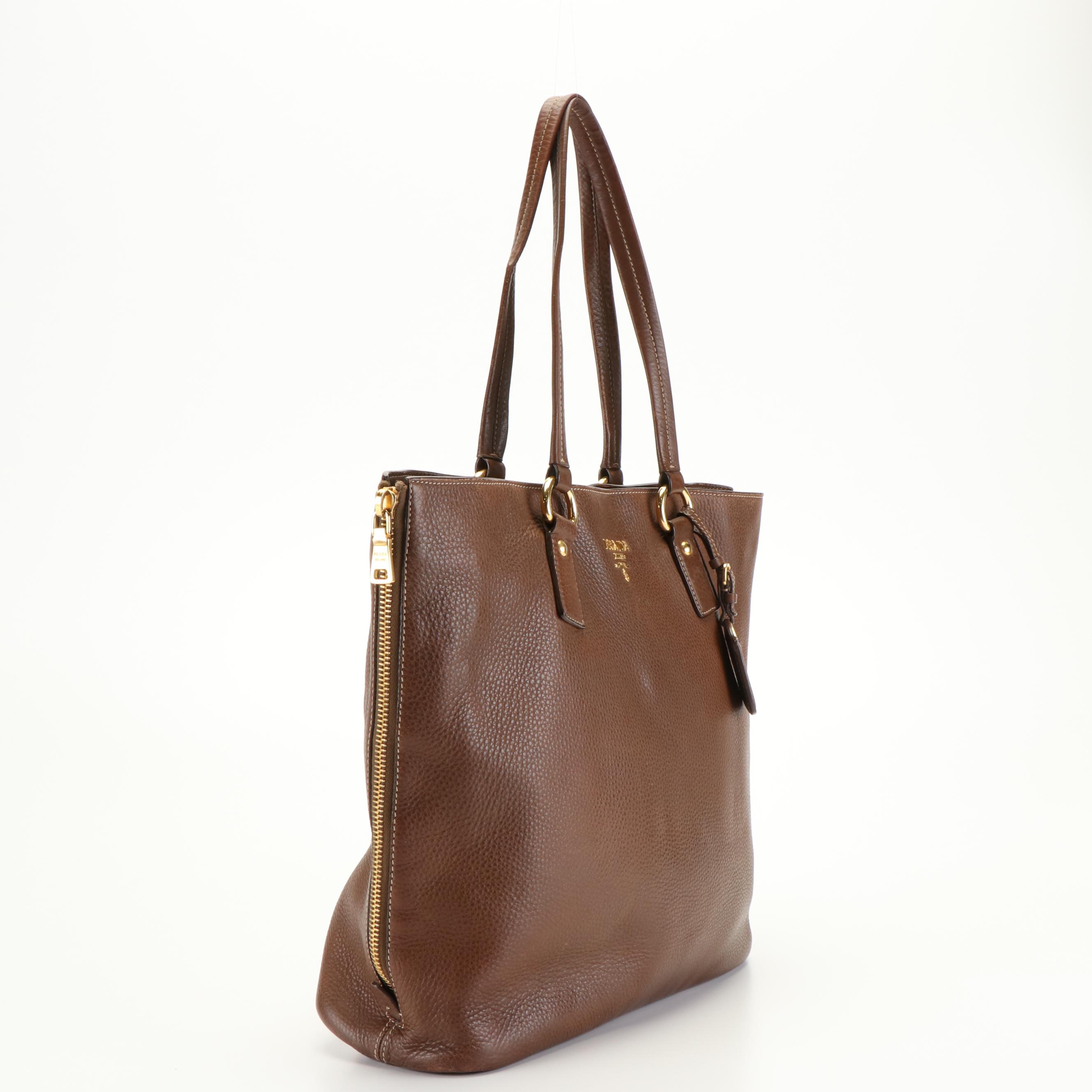 Prada Zip-Side Large Shoulder Tote Bag in Brown Vitello Daino Leather