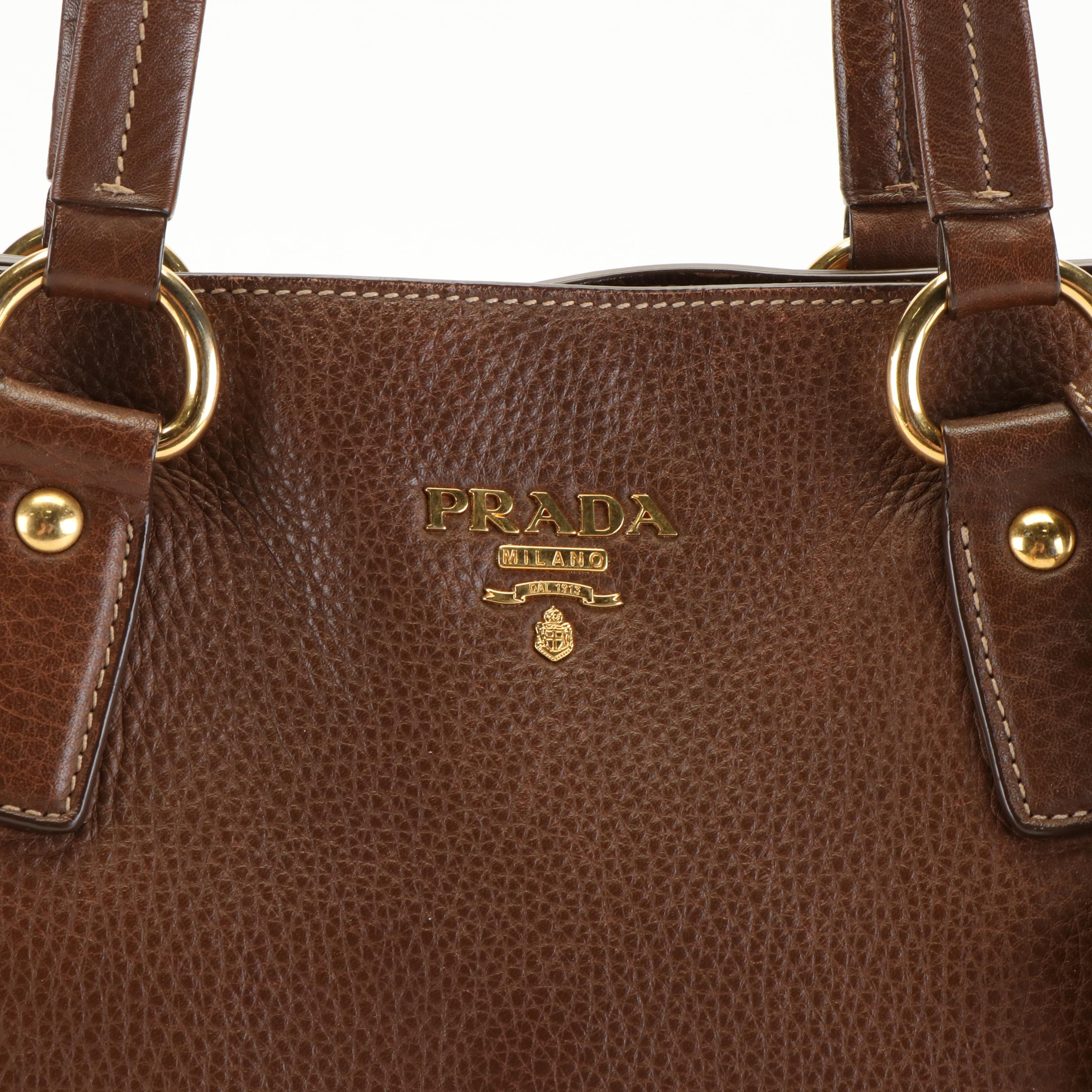 Prada Zip-Side Large Shoulder Tote Bag in Brown Vitello Daino Leather