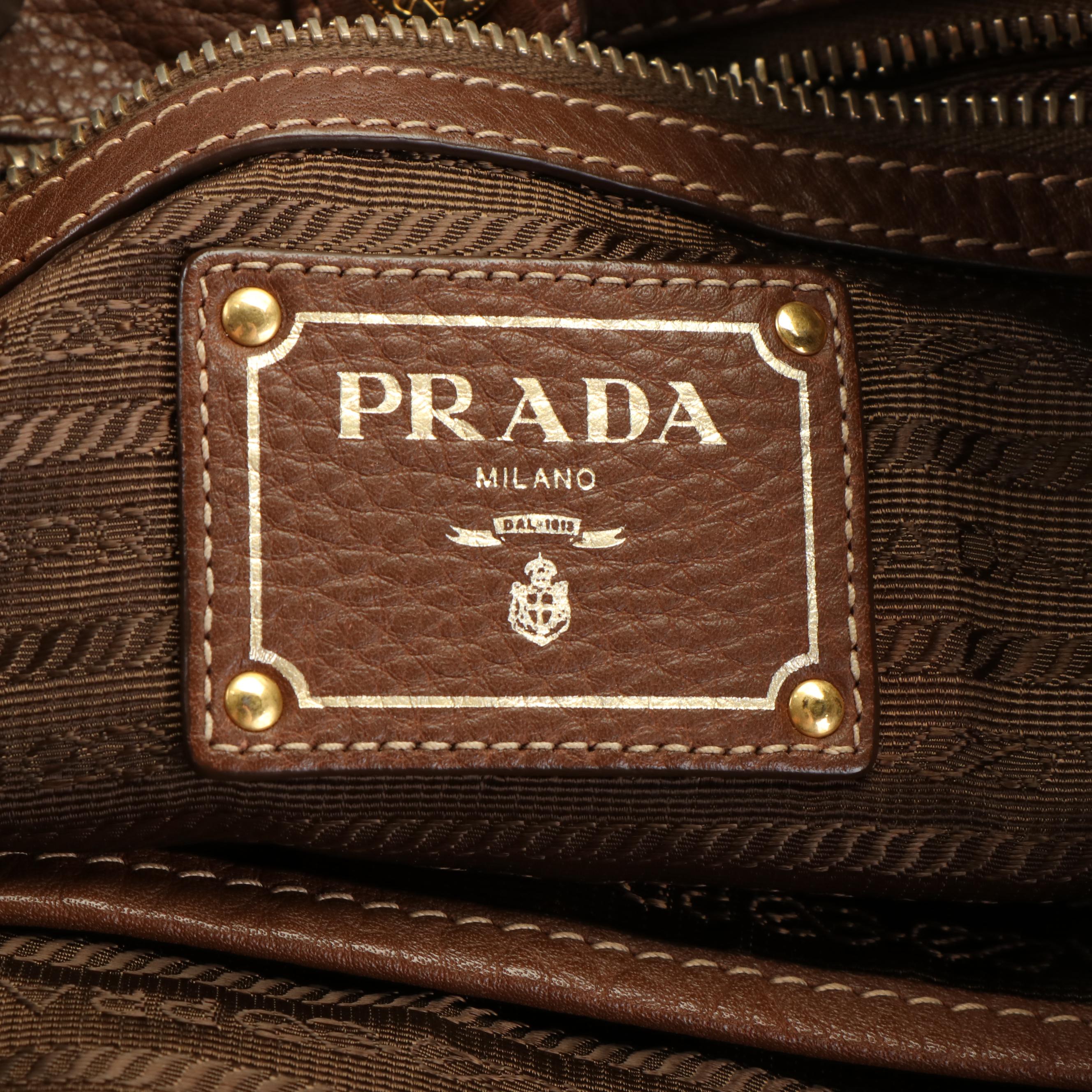 Prada Zip-Side Large Shoulder Tote Bag in Brown Vitello Daino Leather