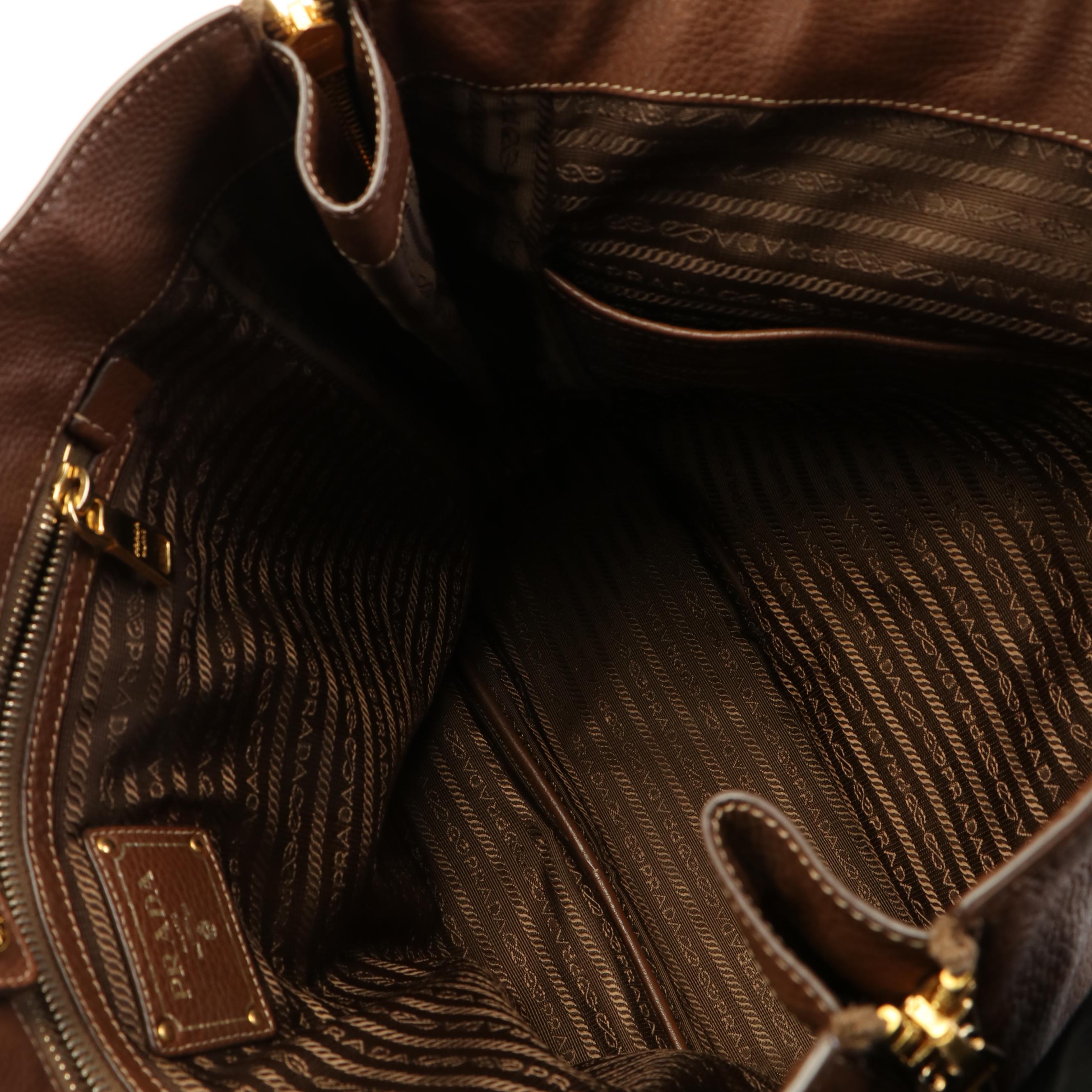 Prada Zip-Side Large Shoulder Tote Bag in Brown Vitello Daino Leather