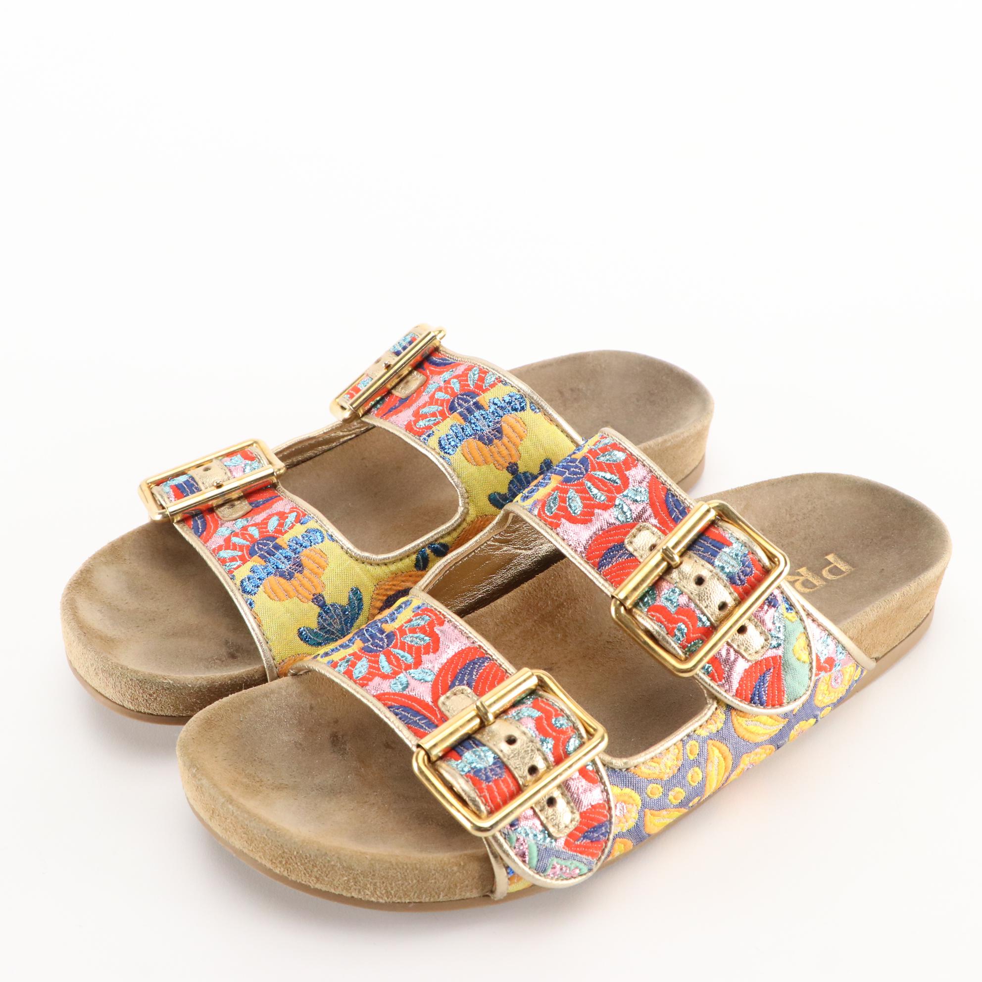 Prada Double Strap Slide Sandals in Multicolor Brocade