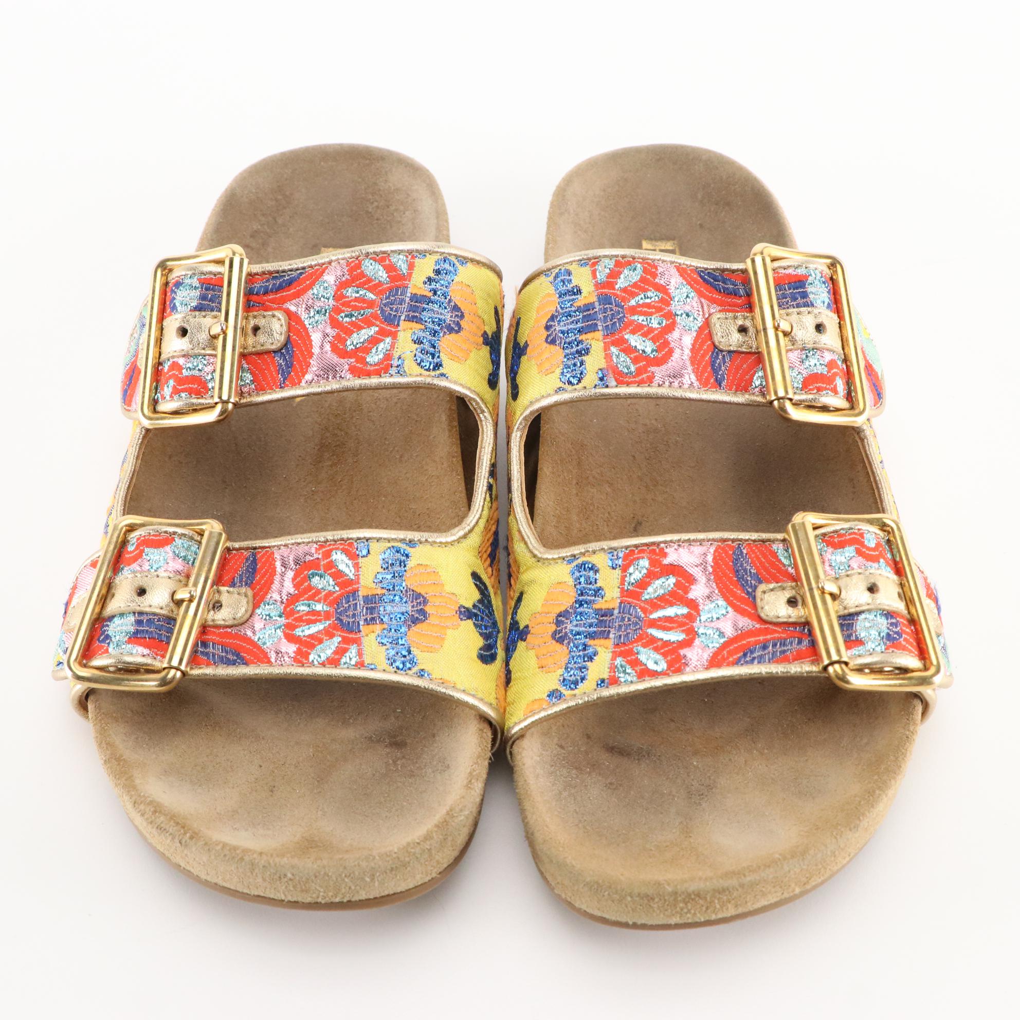 Prada Double Strap Slide Sandals in Multicolor Brocade