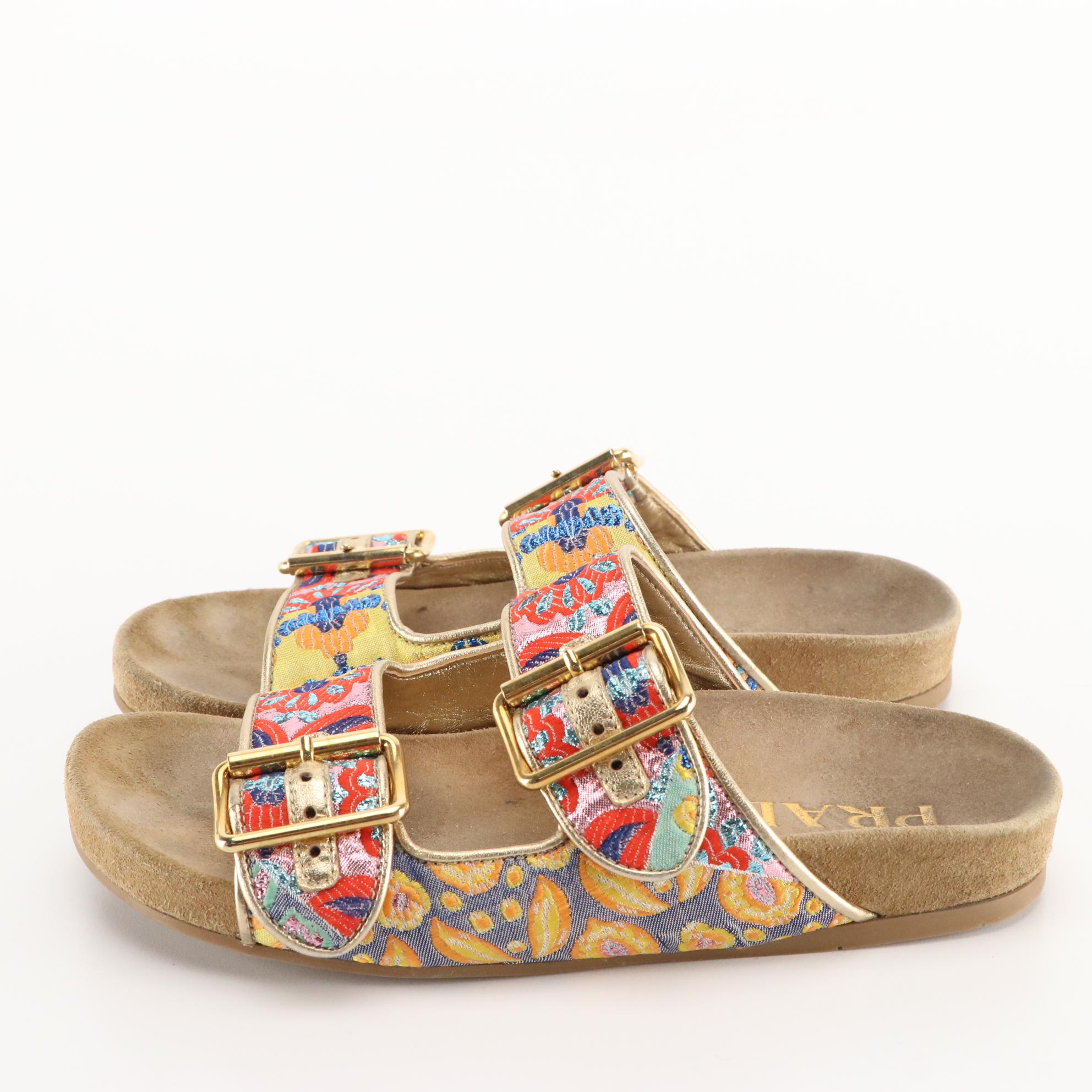 Prada Double Strap Slide Sandals in Multicolor Brocade