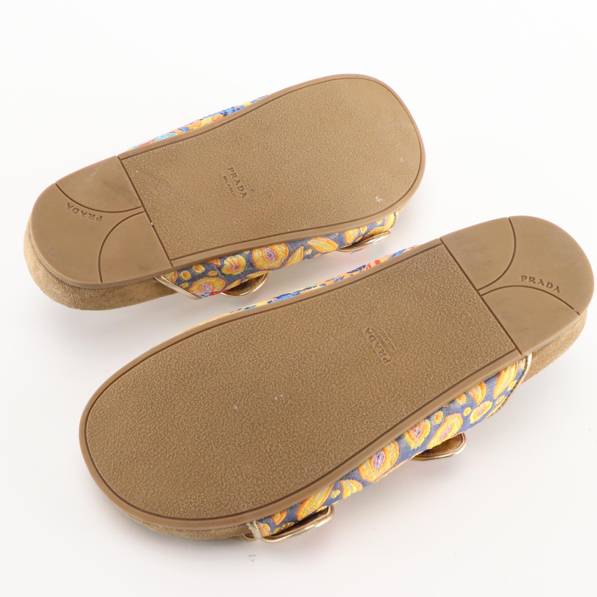 Prada Double Strap Slide Sandals in Multicolor Brocade