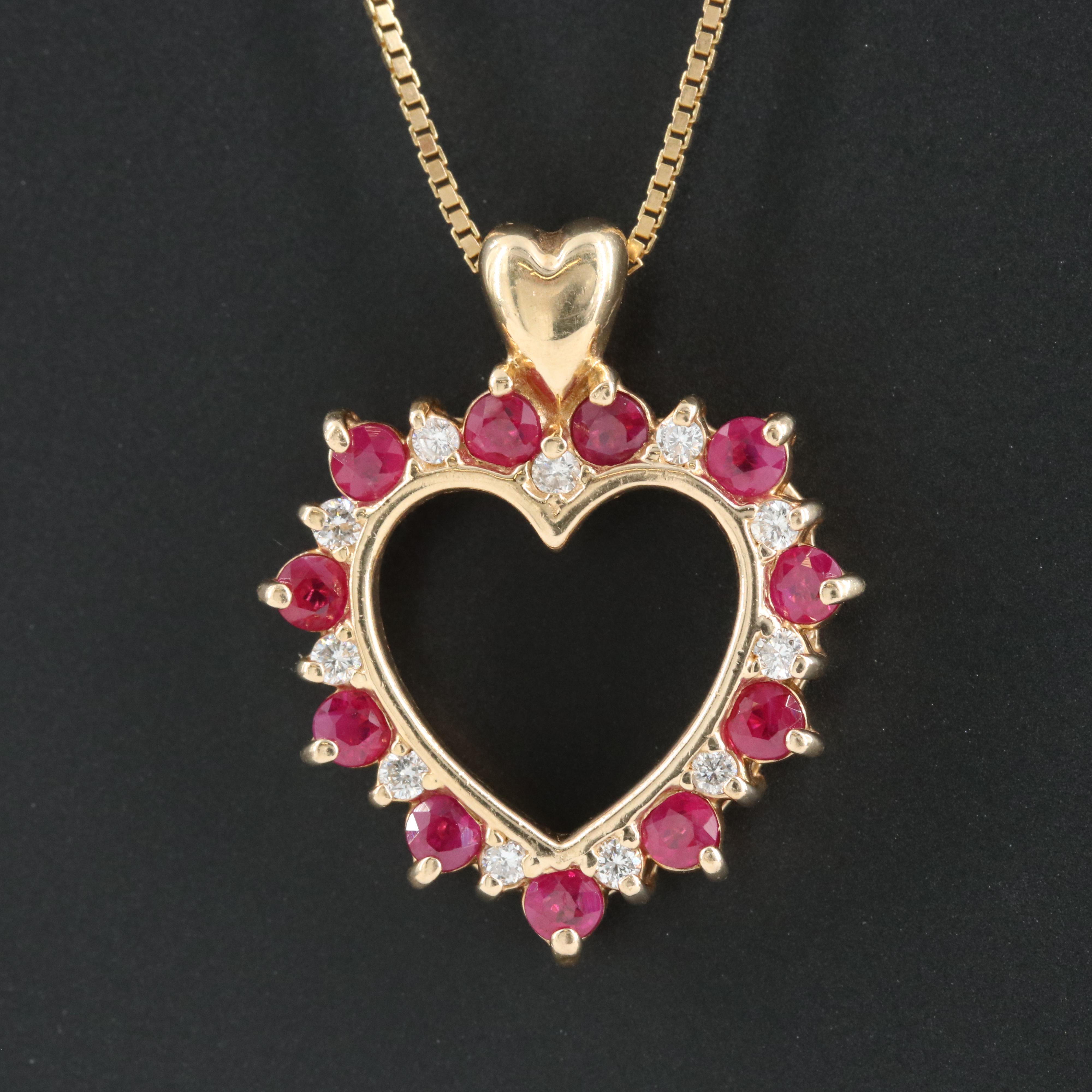 14K Alternating Ruby and Diamond Heart Necklace