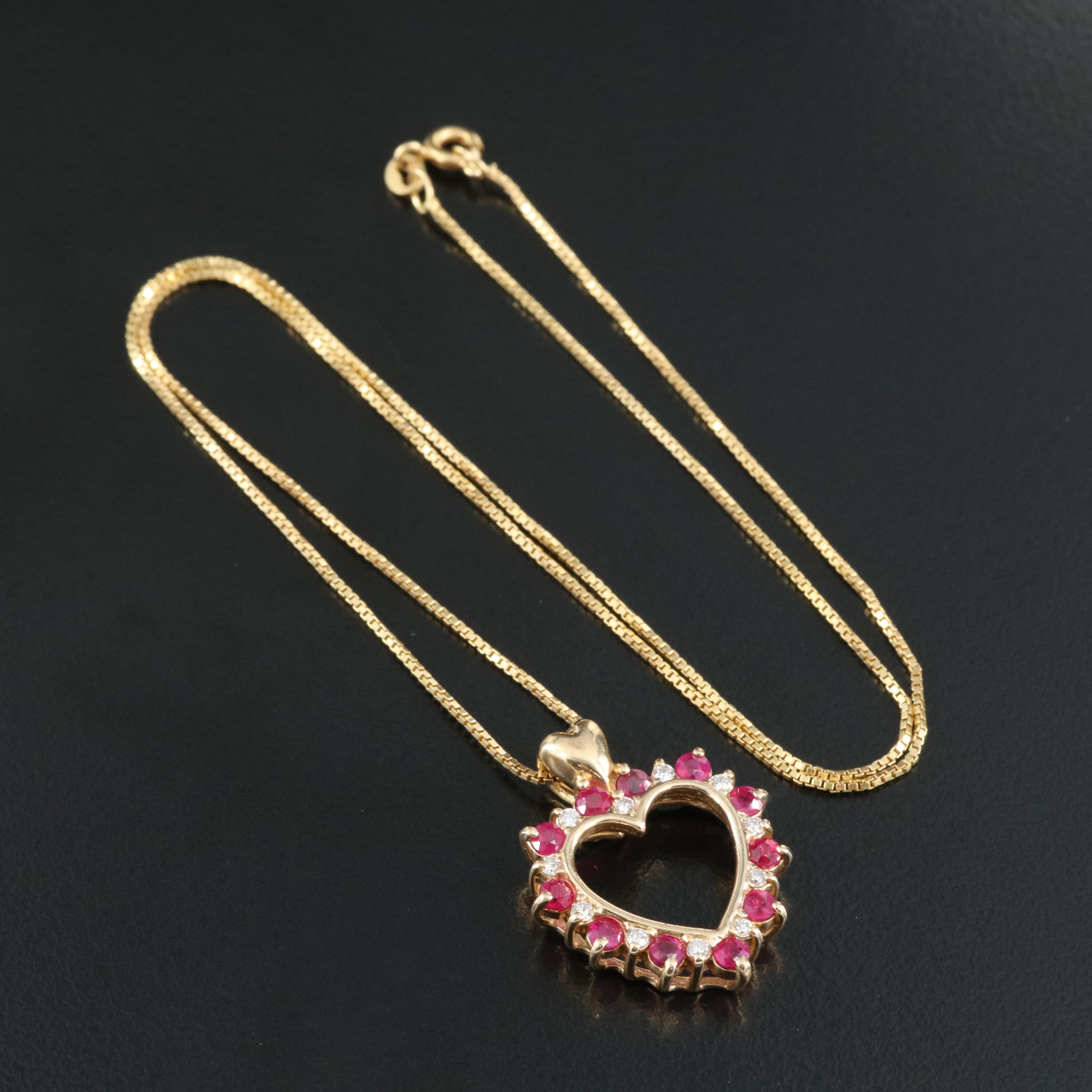14K Alternating Ruby and Diamond Heart Necklace