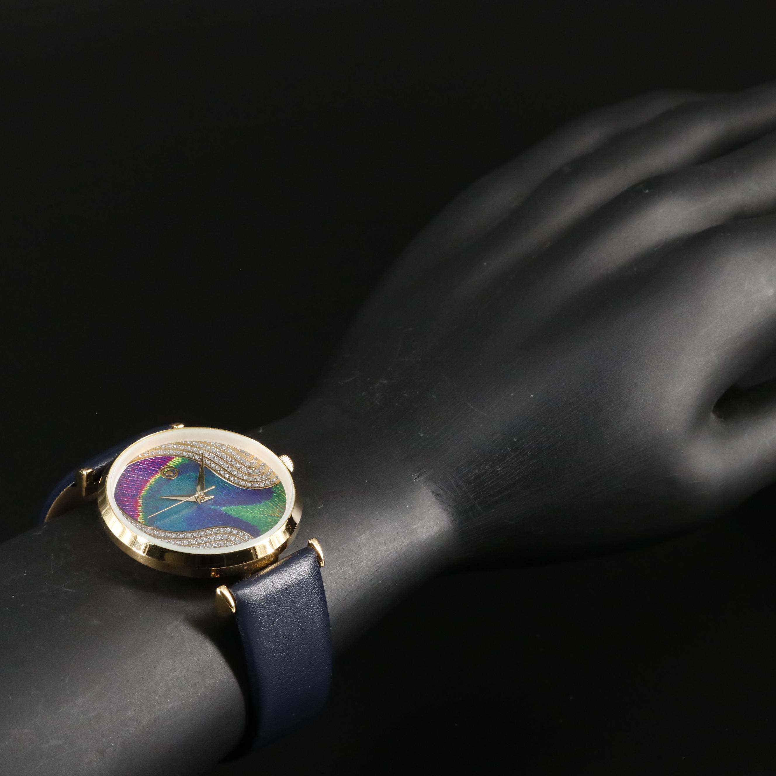 Magnicor Feather Motif Watch with Swarovski Crystal Accents and Blue Strap