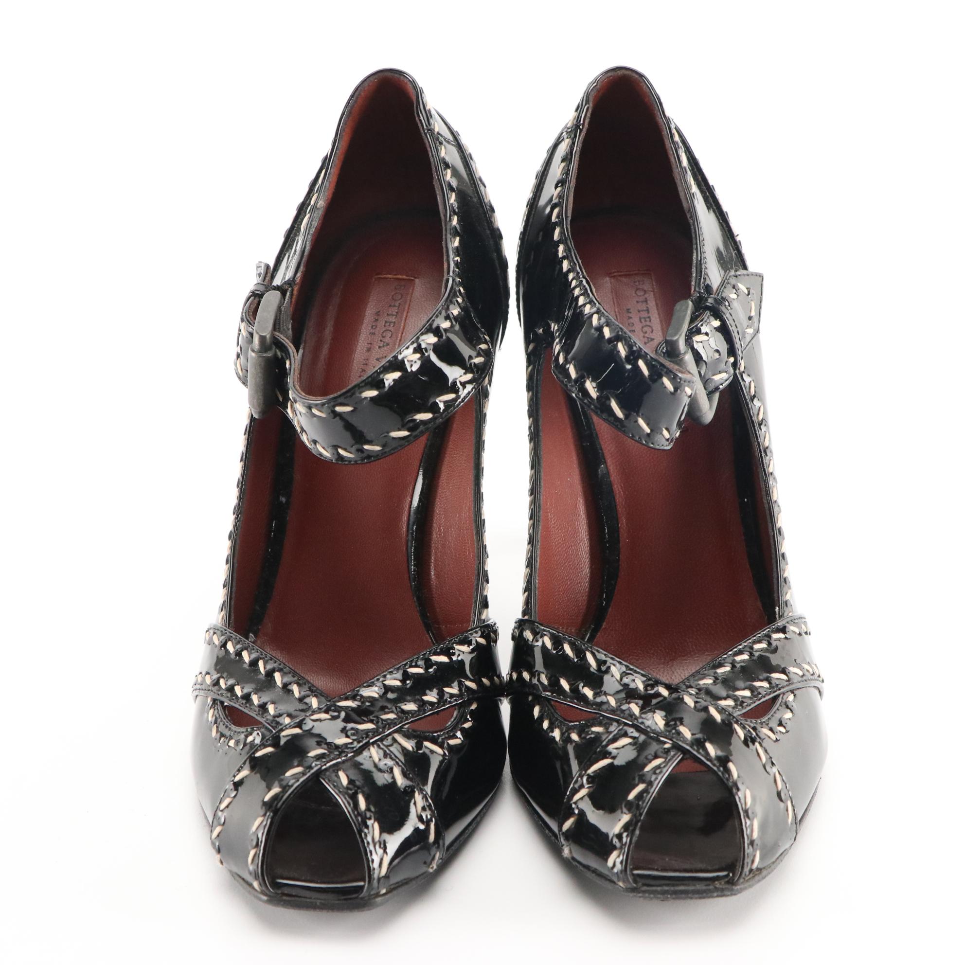 Bottega Veneta Peep Toe Mary Jane Strap Pumps in Patent Leather