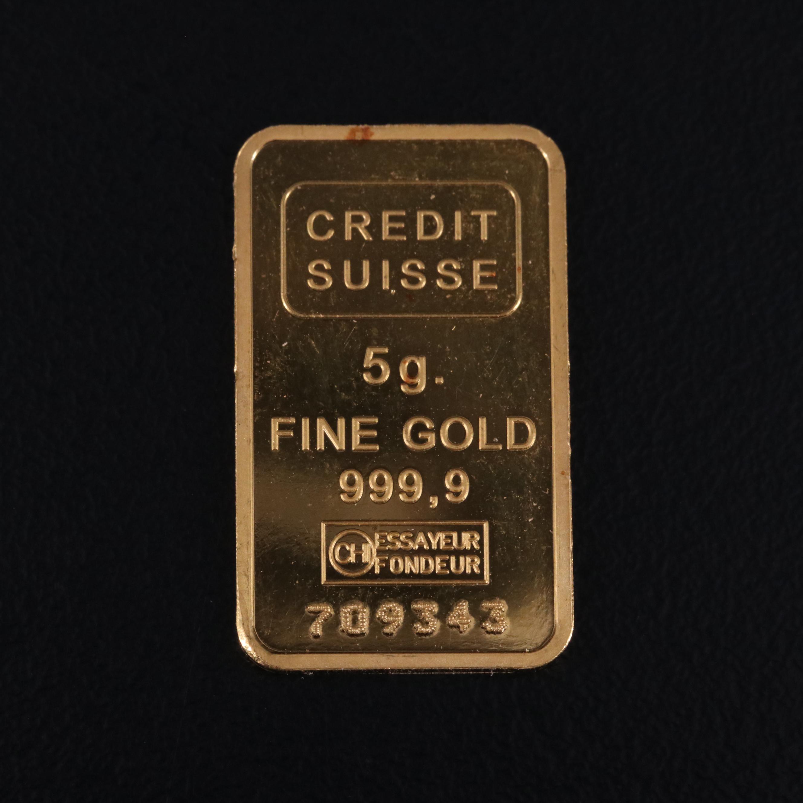 Credit Suisse Five Gram Bar of .999 Gold