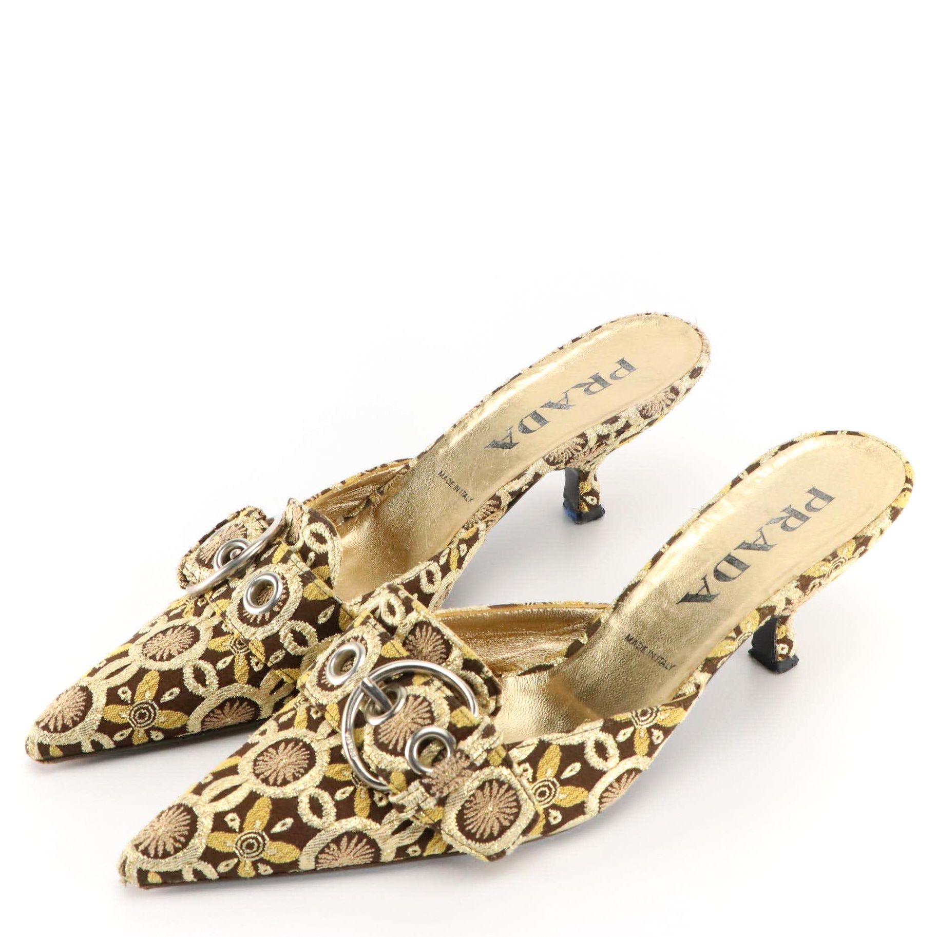 Prada Metallic Floral Brocade Pointed Toe Buckle Mules
