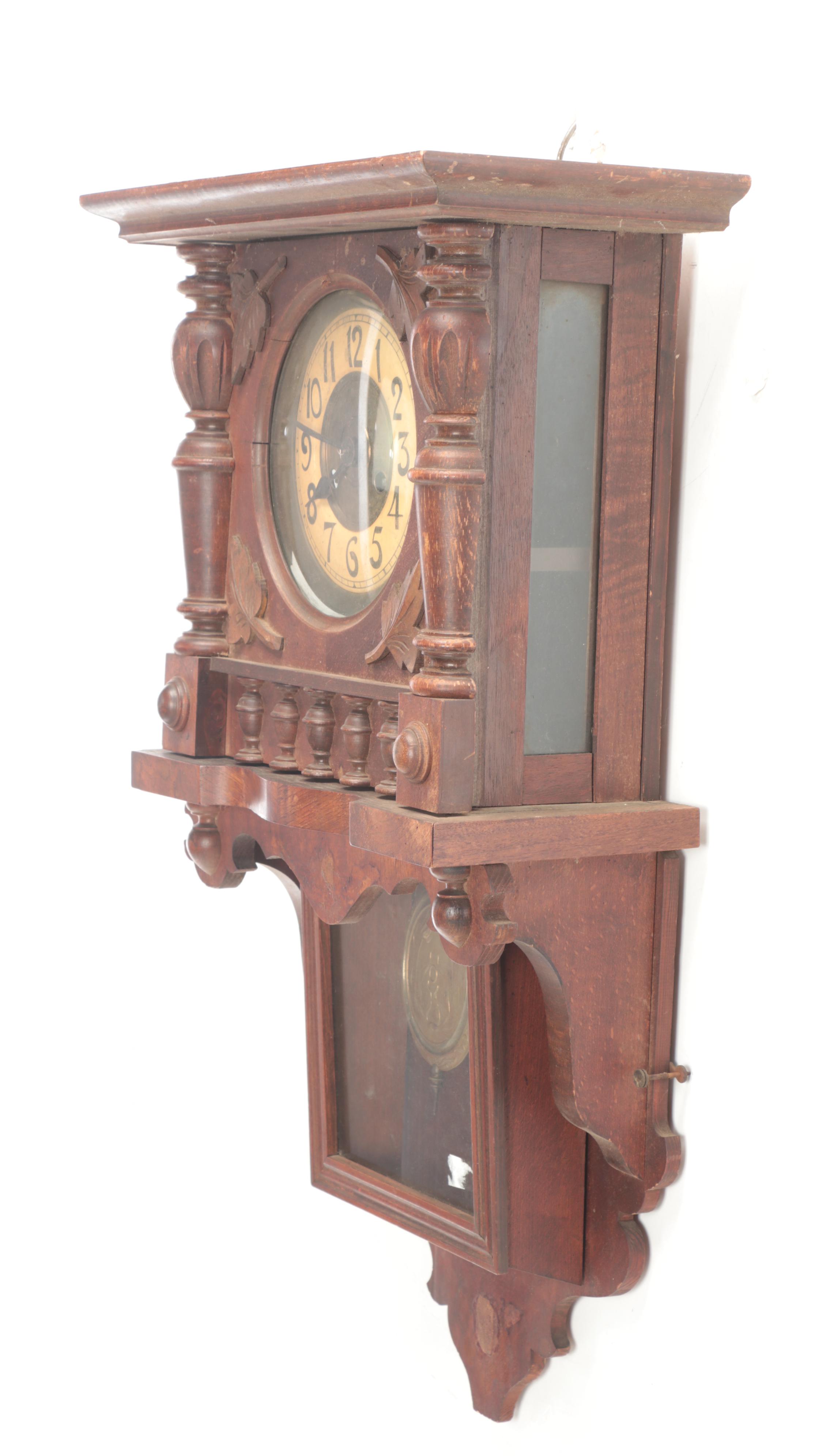 German Wooden Wall Clock, Early 20th Century
