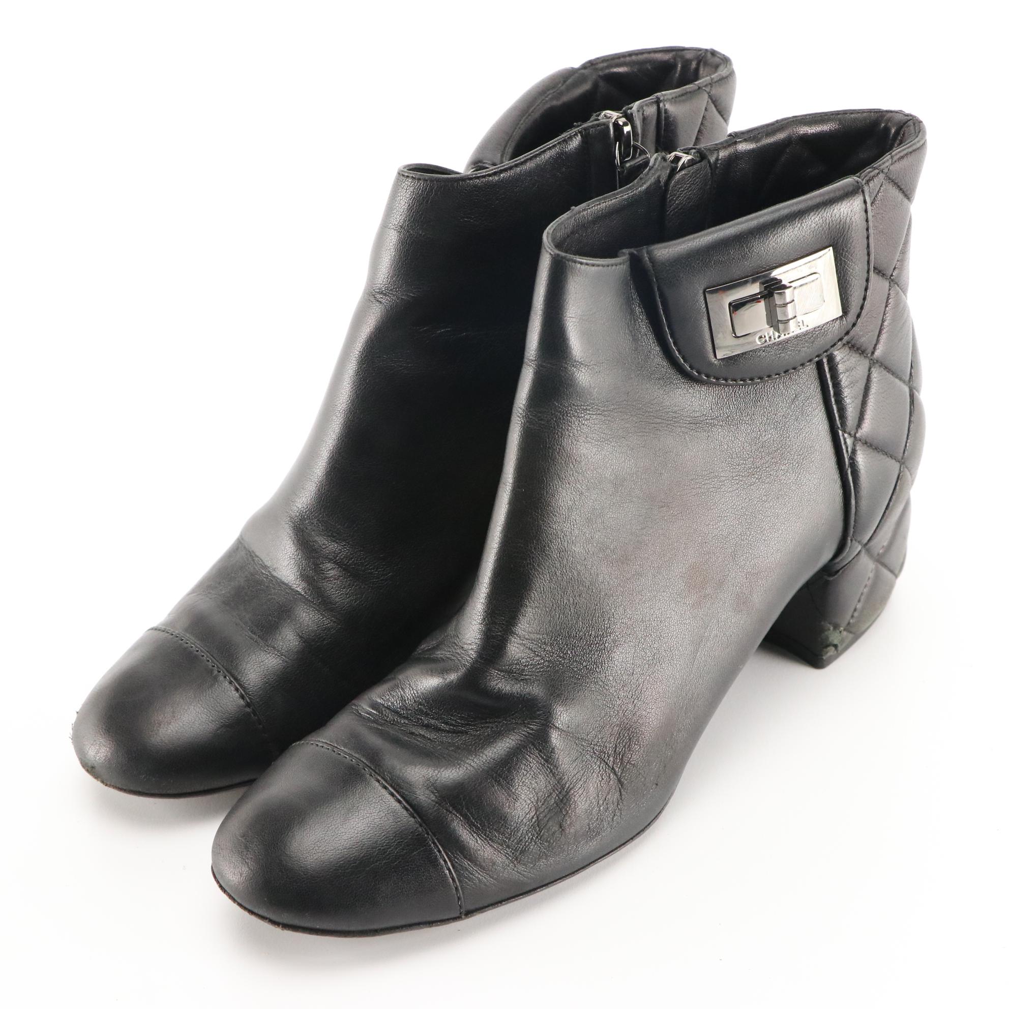 Chanel Mademoiselle Black Quilted and Smooth Leather Ankle Zip Cap-Toe Boots