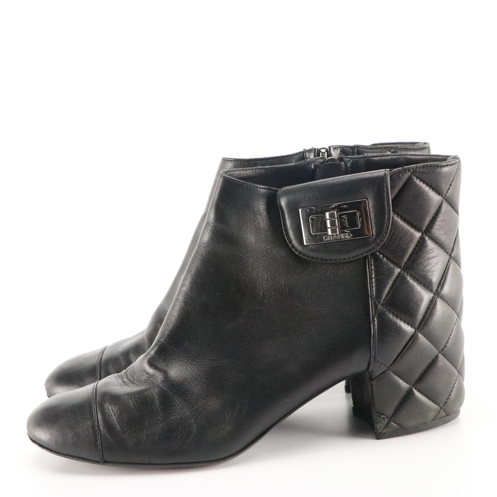 Chanel Mademoiselle Black Quilted and Smooth Leather Ankle Zip Cap-Toe Boots