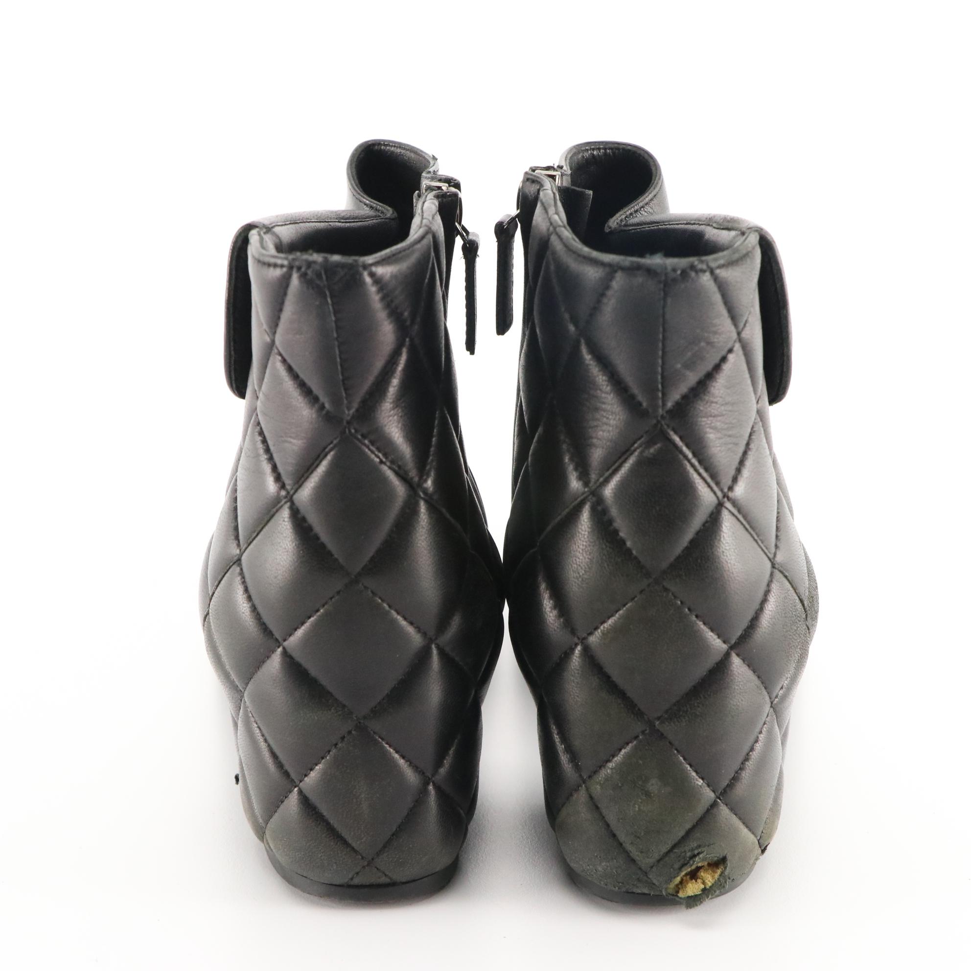 Chanel Mademoiselle Black Quilted and Smooth Leather Ankle Zip Cap-Toe Boots