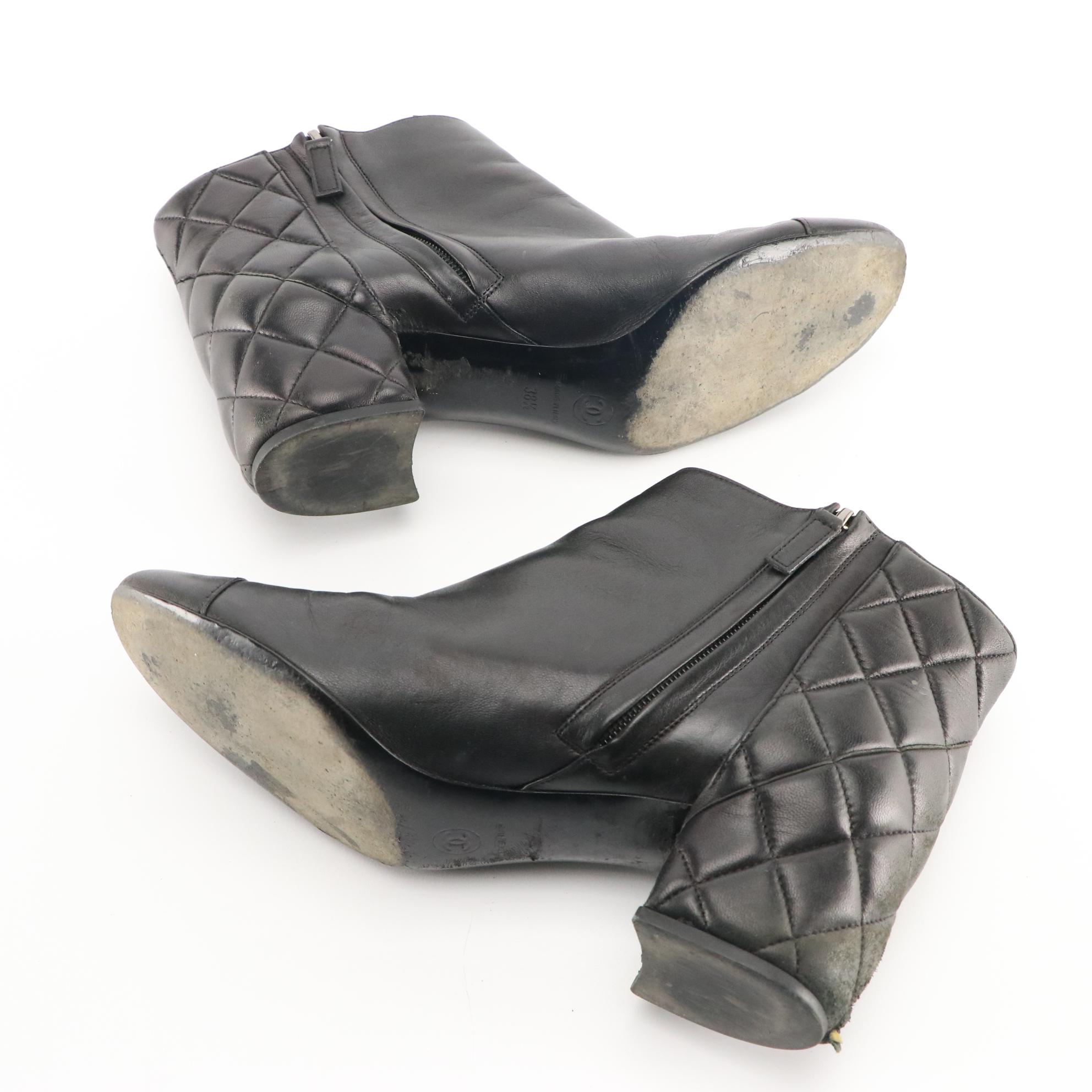 Chanel Mademoiselle Black Quilted and Smooth Leather Ankle Zip Cap-Toe Boots